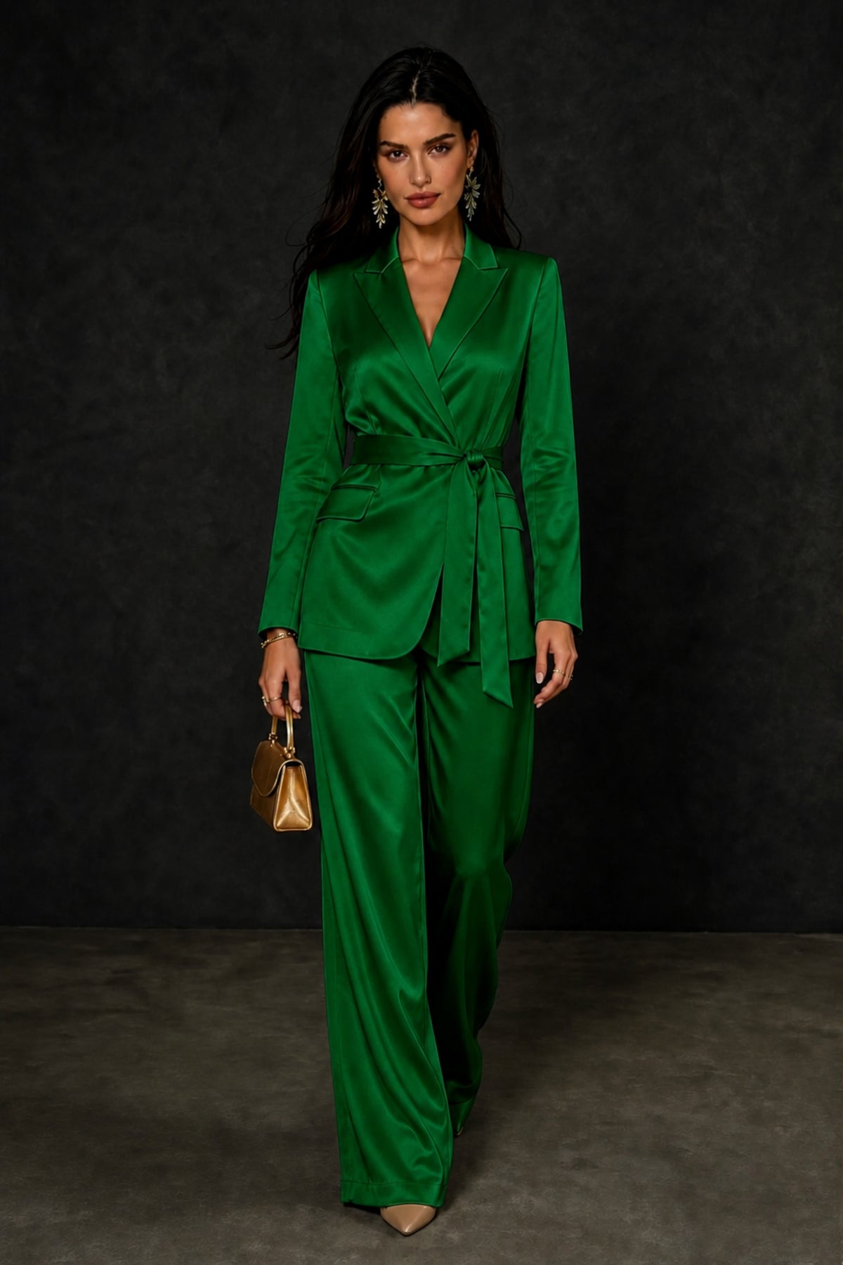 BOLODOO Emerald Green Satin Wrap Blazer Wide-Leg Pants Two-Piece Suit Set – Evening Gala Wedding Guest - Emerald Green