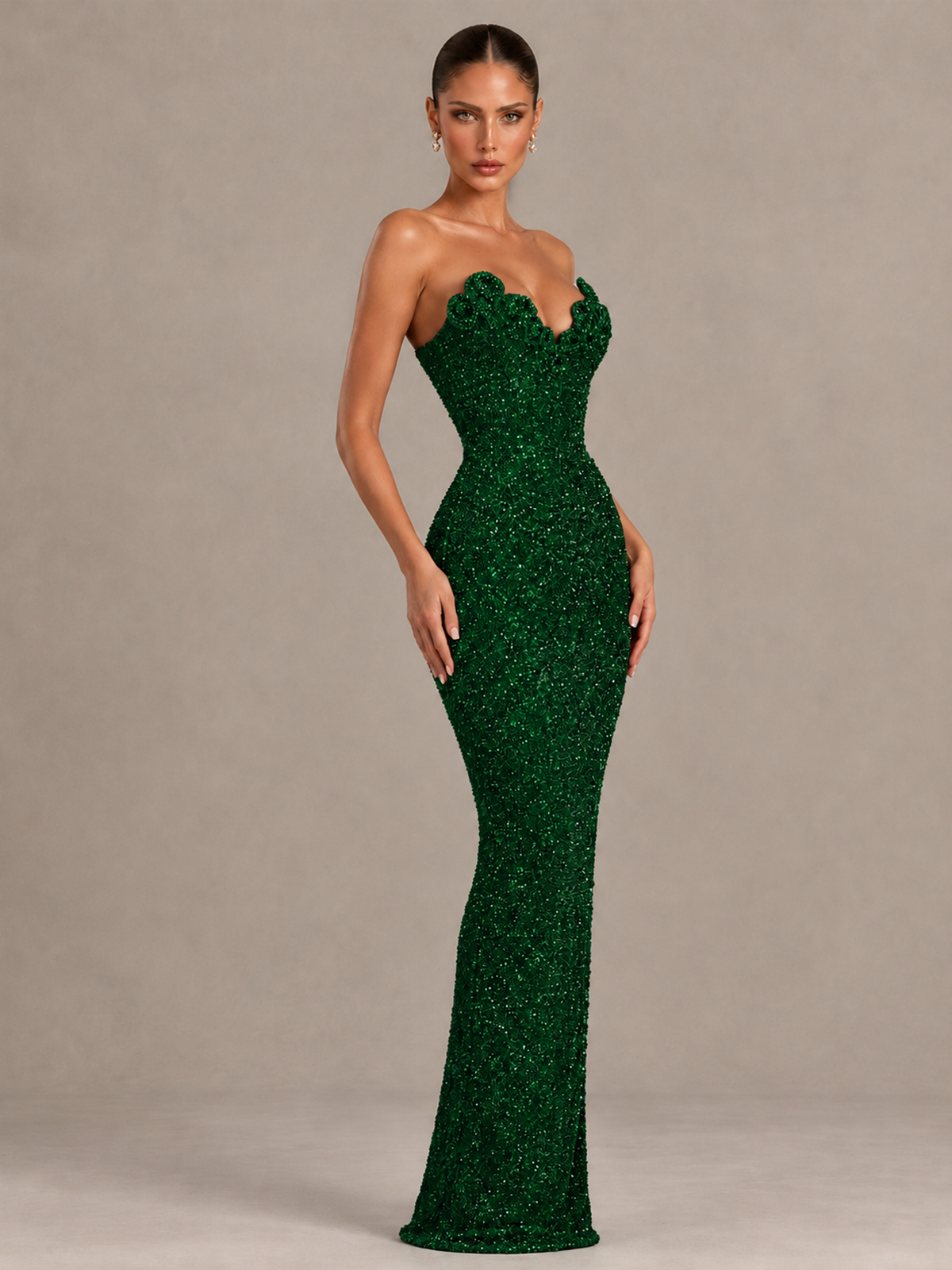 BOLODOO Emerald Green Strapless Sequin Evening Gown with Floral Neckline - Emerald Green - Emerald Green_4