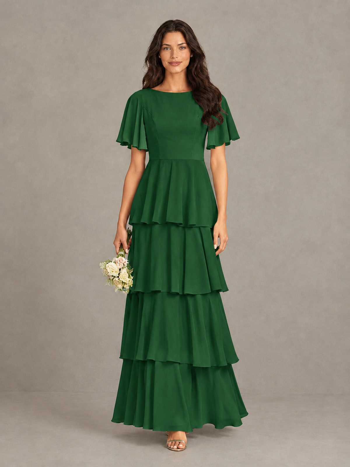 BOLODOO Emerald Green Tiered Flutter Sleeve Bridesmaid Dress - Emerald Green - Emerald Green_4