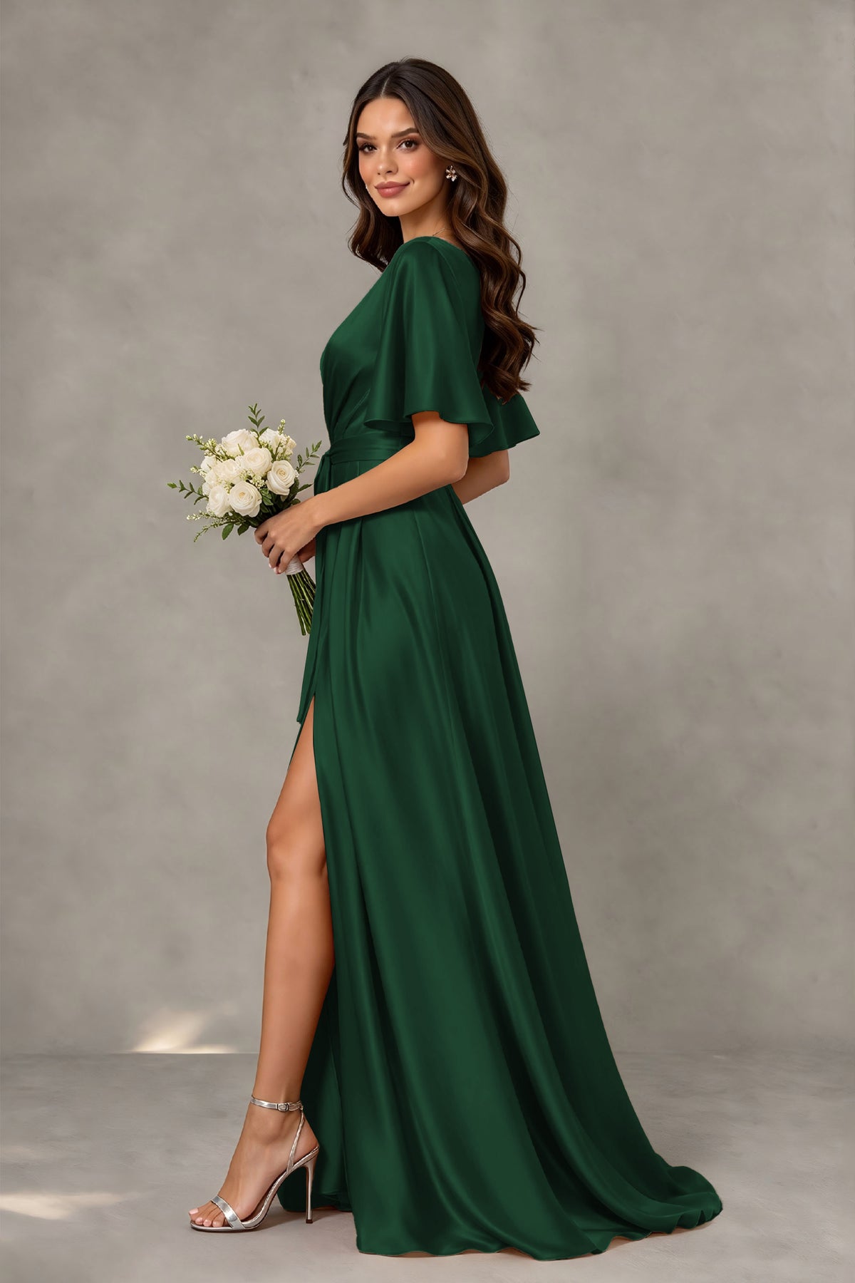 BOLODOO Emerald Green Satin V-Neck Flutter Sleeve Bridesmaid Dress with Slit - Emerald Green - Emerald Green(4)