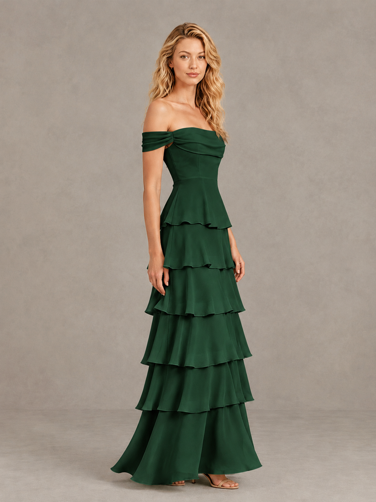 BOLODOO Emerald Green Off-Shoulder Tiered Ruffle Bridesmaid Dress with Lace-Up Back - Emerald Green - Emerald Green_4
