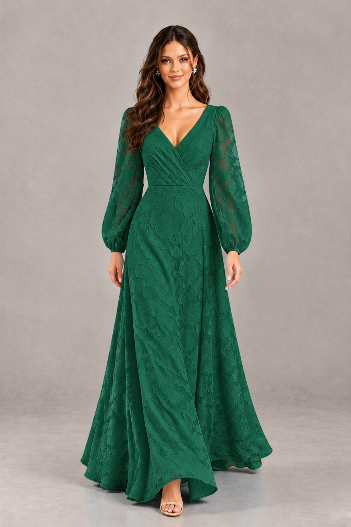 BOLODOO Emerald Green Long Sleeve V-Neck A-Line Mother of the Bride Dress - Emerald Green - Emerald Green_4