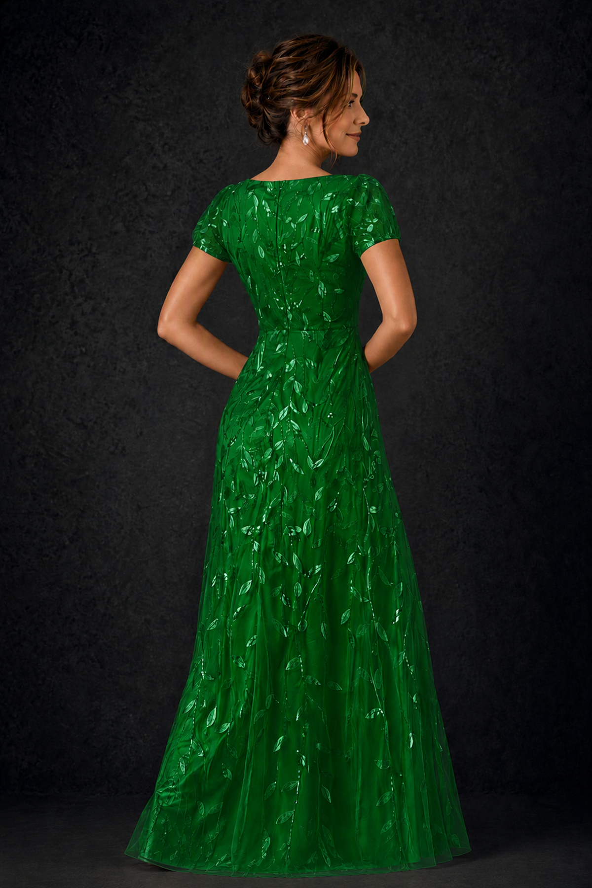 BOLODOO Emerald Green Leaf Embroidered A-Line Formal Gown with Cap Sleeves - Emerald Green - Emerald_Green_4
