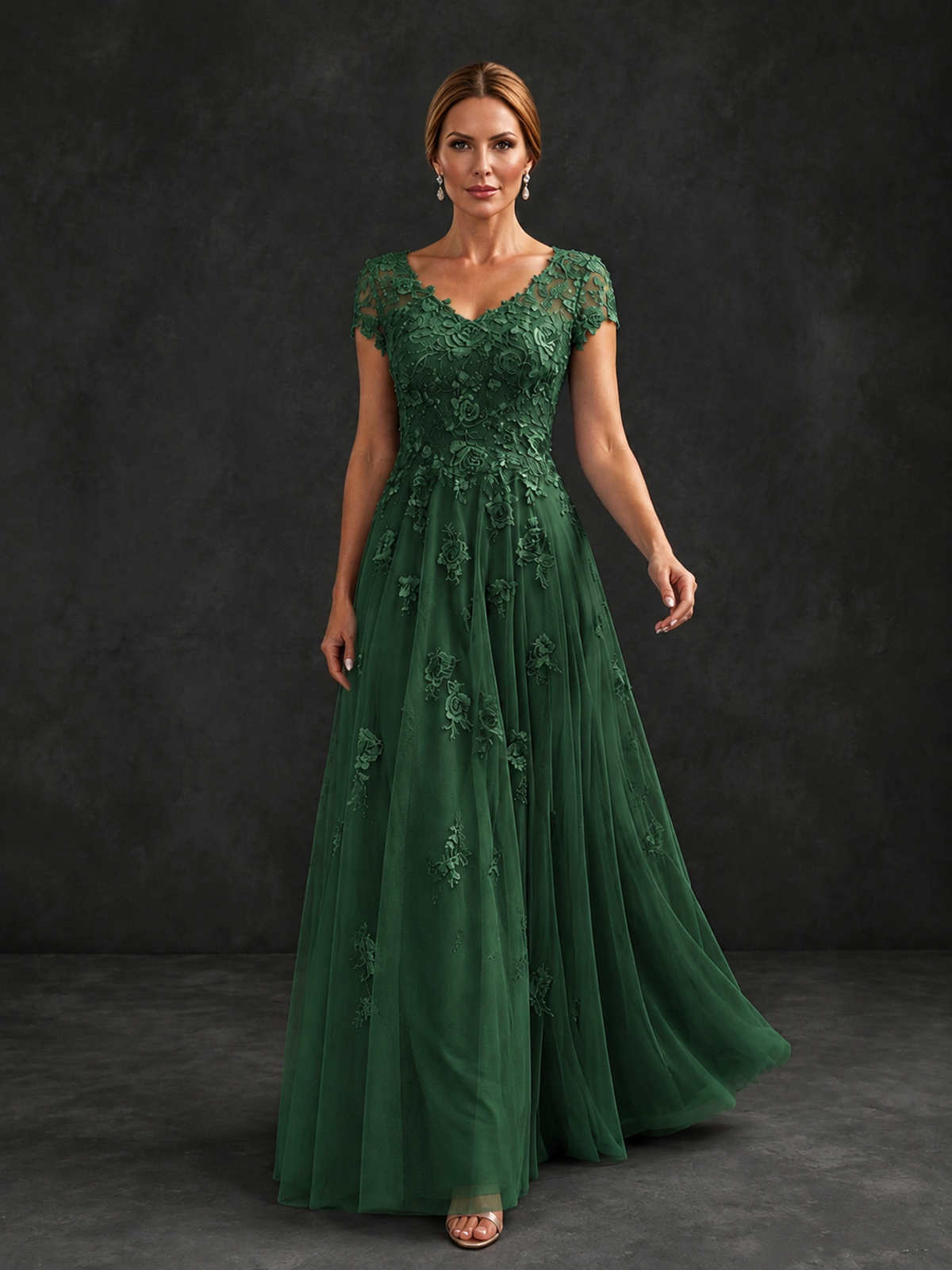 BOLODOO Emerald Green Cap Sleeve Lace Appliqué A-Line Formal Gown | Mother of the Bride Dress - Emerald Green - Emerald Green_4