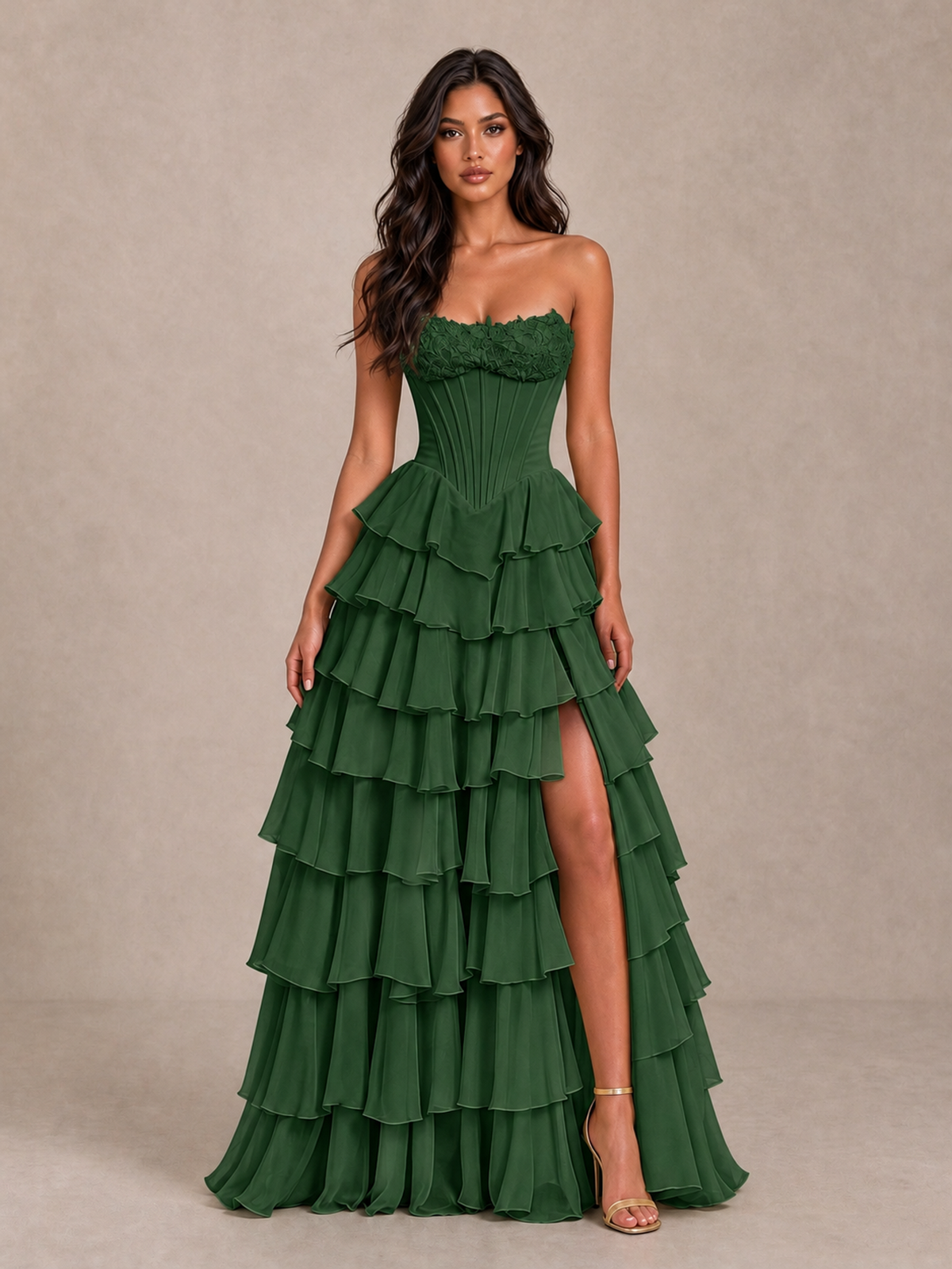 BOLODOO Emerald Green Strapless Corset Tiered Ruffle Prom Dress with High Slit - Emerald Green - Emerald Green_4