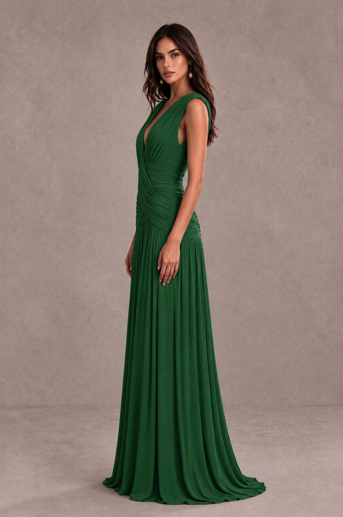 BOLODOO Emerald Green V-Neck Ruched Wedding Guest Dress - Emerald Green - Emerald Green_4