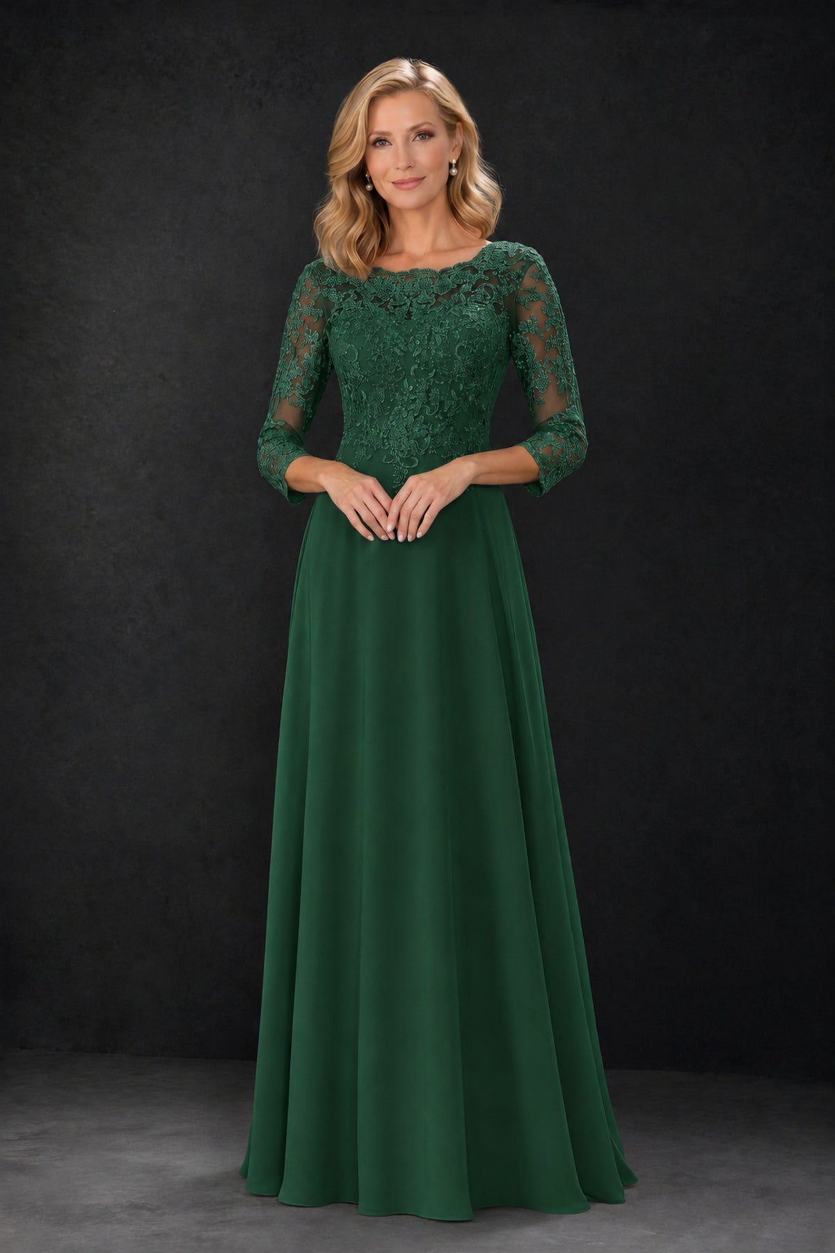 BOLODOO Emerald Green Lace Embroidered Mother of the Bride Dress with 3/4 Sleeves - Emerald Green