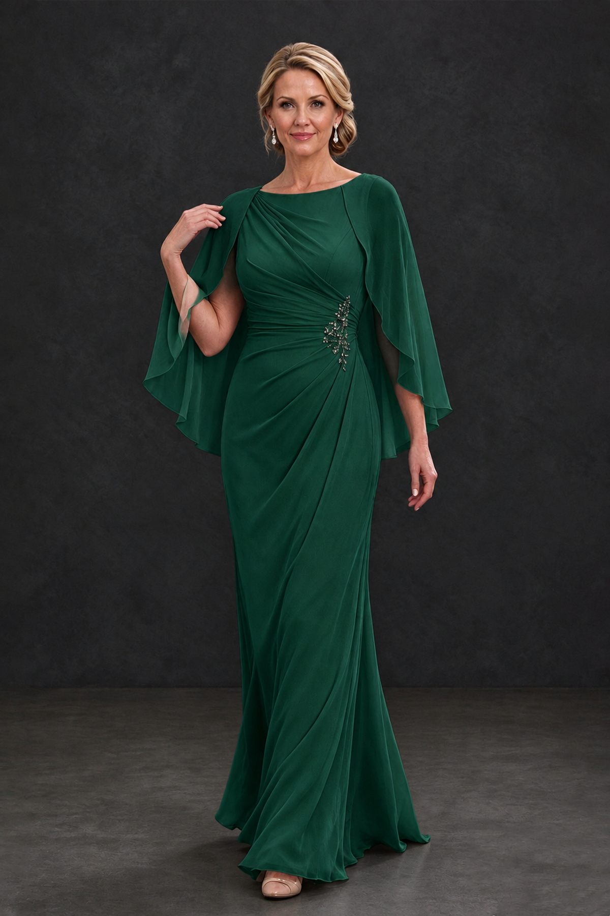 BOLODOO Emerald Green Cape Sleeve Mother of the Bride Dress with Ruched Waist - Emerald Green - Emerald Green_4
