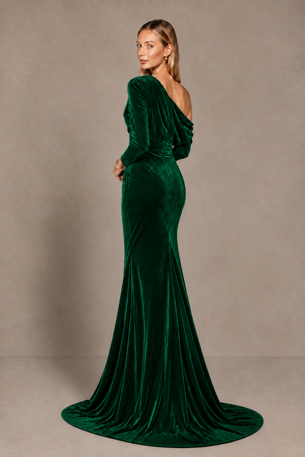 BOLODOO Emerald Green Velvet Asymmetric Neck Mermaid Evening Dress - Emerald Green - Emerald Green_4