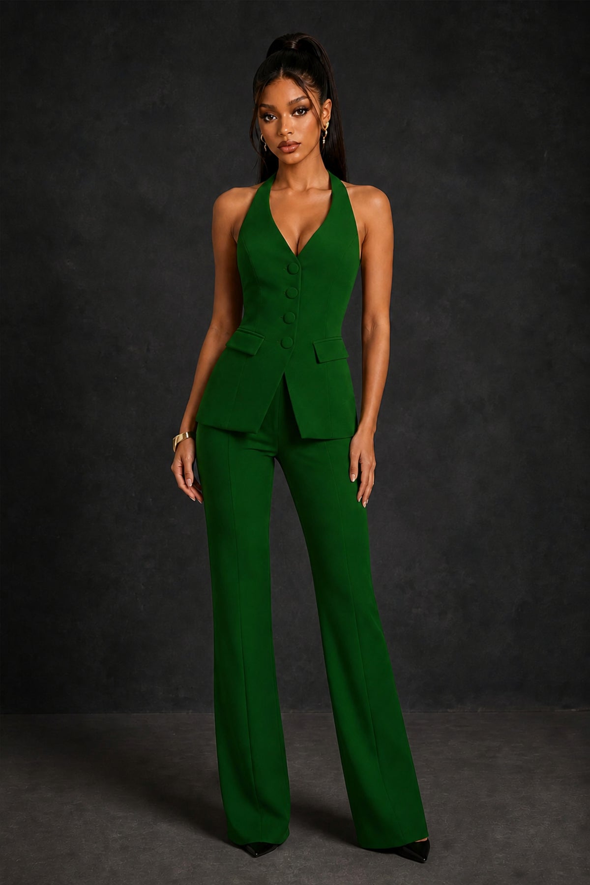BOLODOO Emerald Green Halter Neck Deep V Open Back– Formal Suit with Wide-Leg Pants - Emerald Green