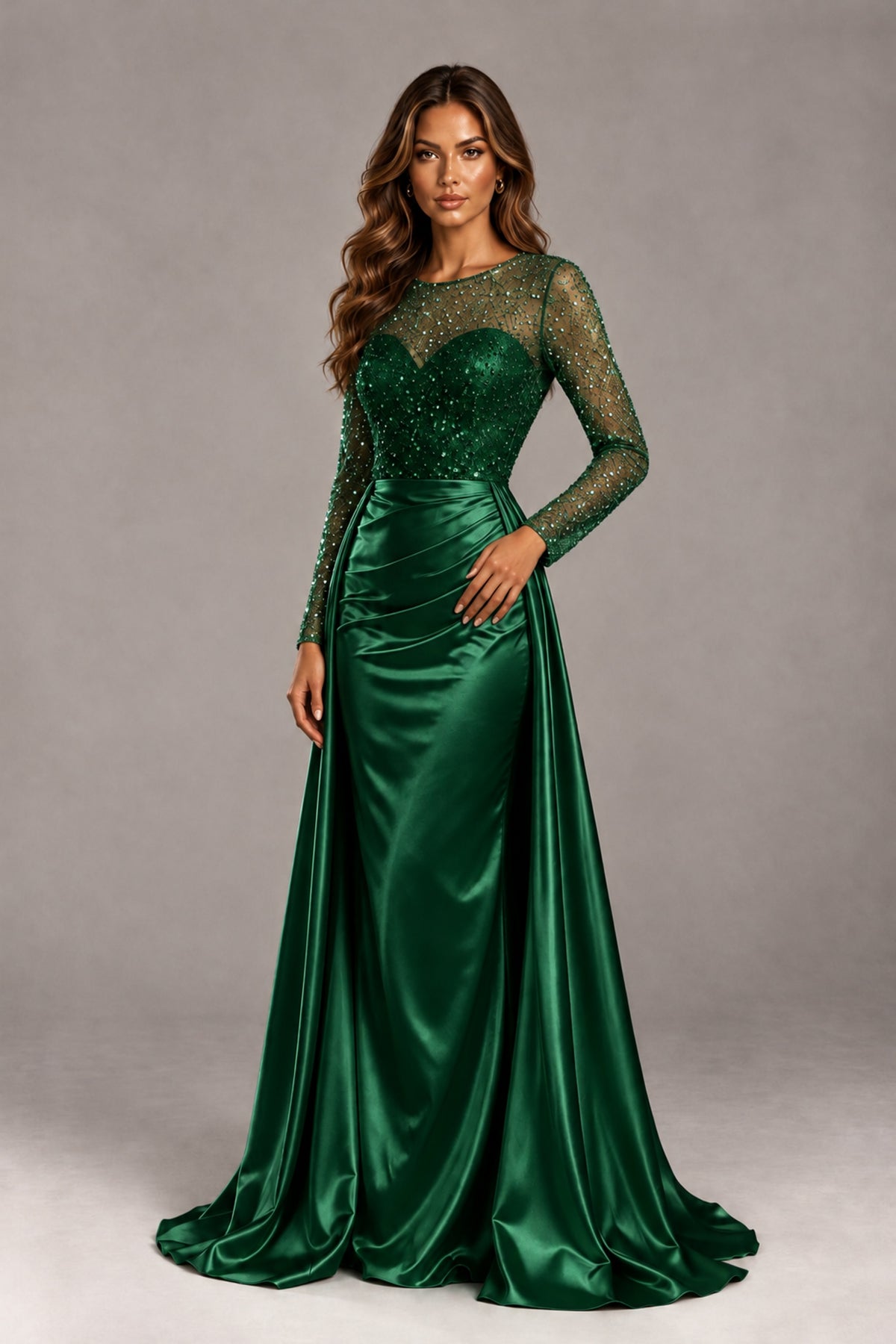 BOLODOO Emerald Green Long Sleeve Embellished Satin Evening Gown with Sweep Train - Emerald Green - Emerald Green_4