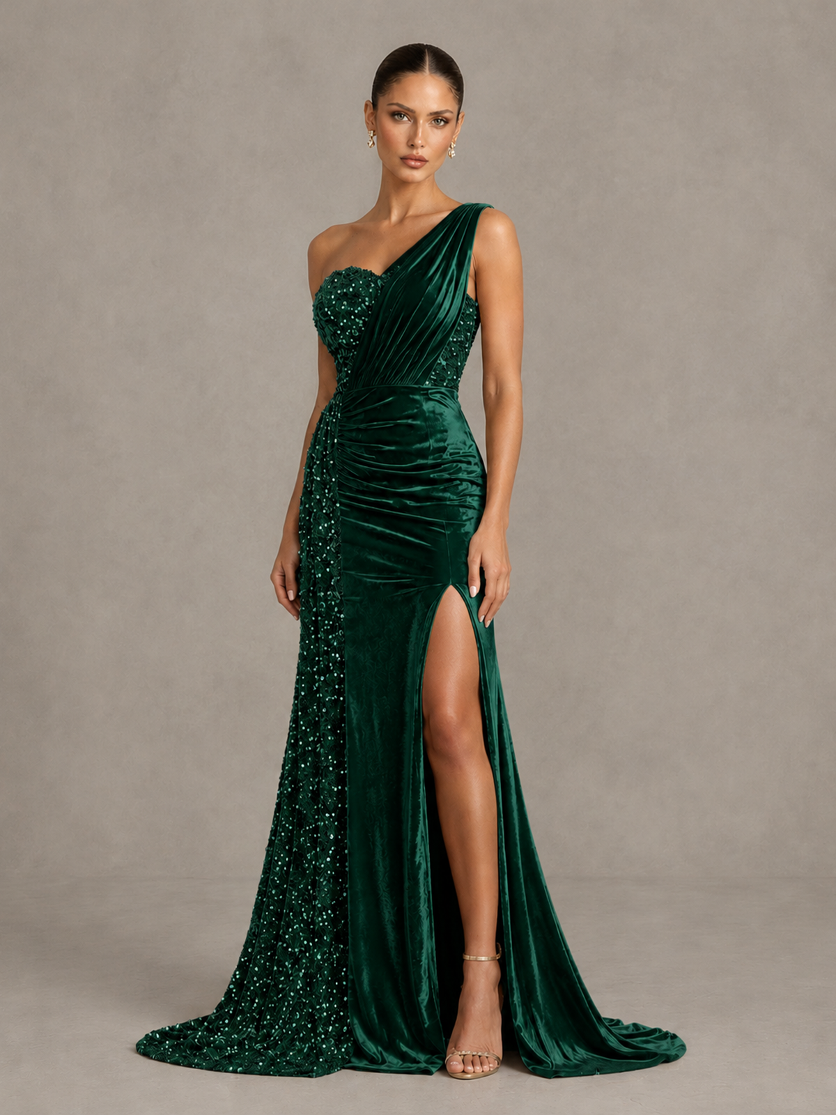 BOLODOO Emerald Green One-Shoulder Satin Sequin Gown with High Slit - Emerald Green - Emerald Green_4