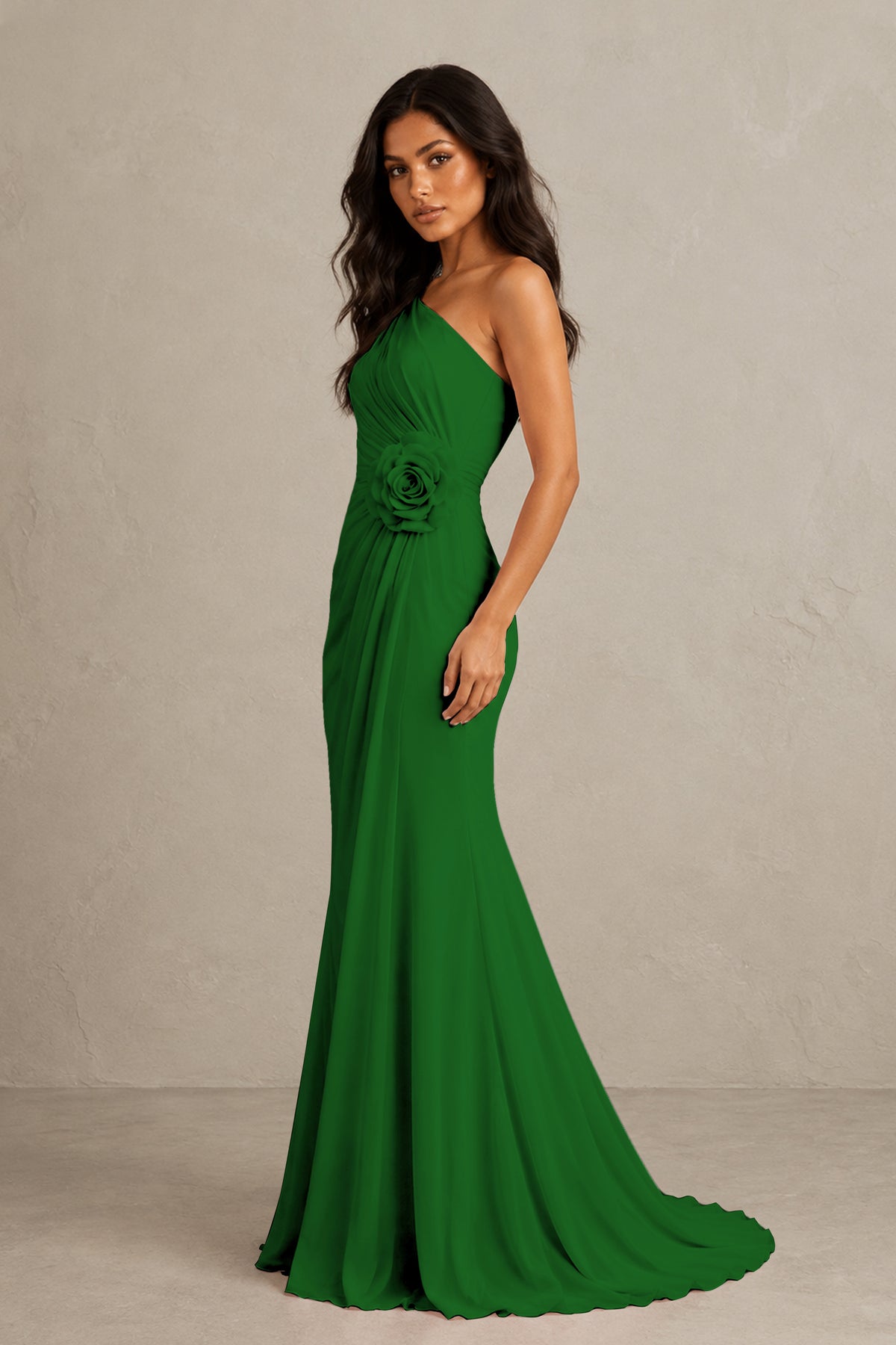 BOLODOO Emerald Green One-Shoulder Floral Ruched Maxi Dress - Emerald Green