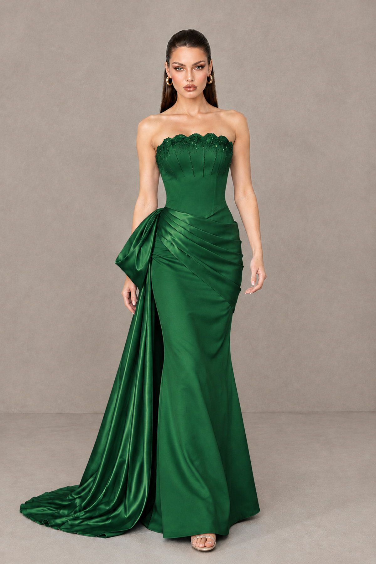 BOLODOO Emerald Green Strapless Satin Prom Dress with Draped Side Train - Emerald Green - Emerald_Green_4