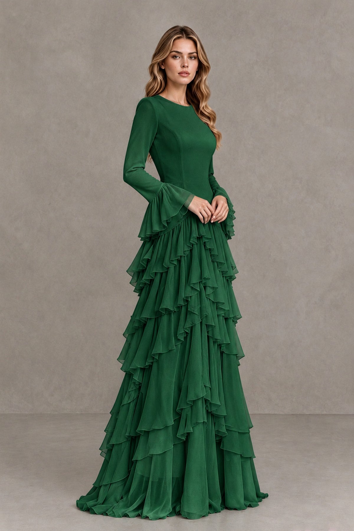 Emerald Green Long Sleeve Tiered Ruffle Evening Gown - Emerald Green - Emerald Green_4