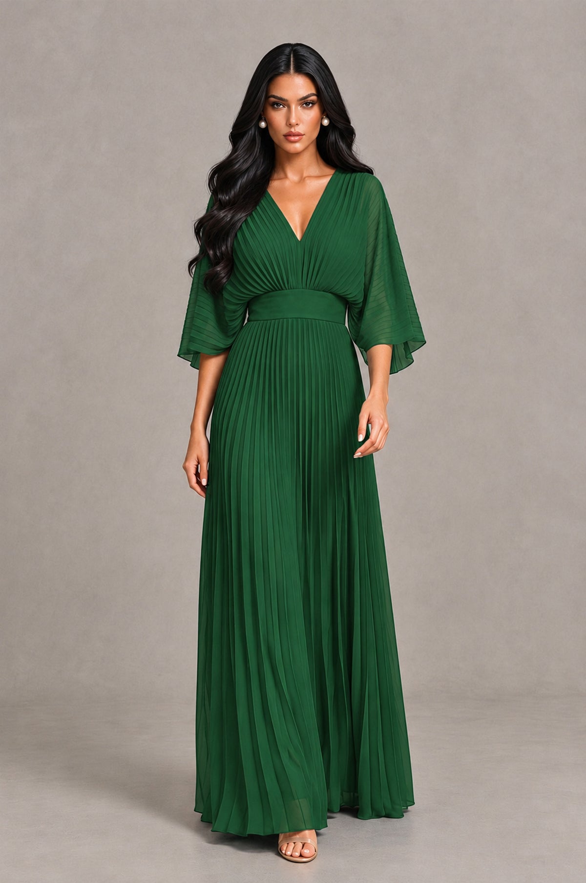BOLODOO Emerald Green V-Neck Pleated Flutter Sleeve Formal Dress - Emerald Green - Emerald Green_4
