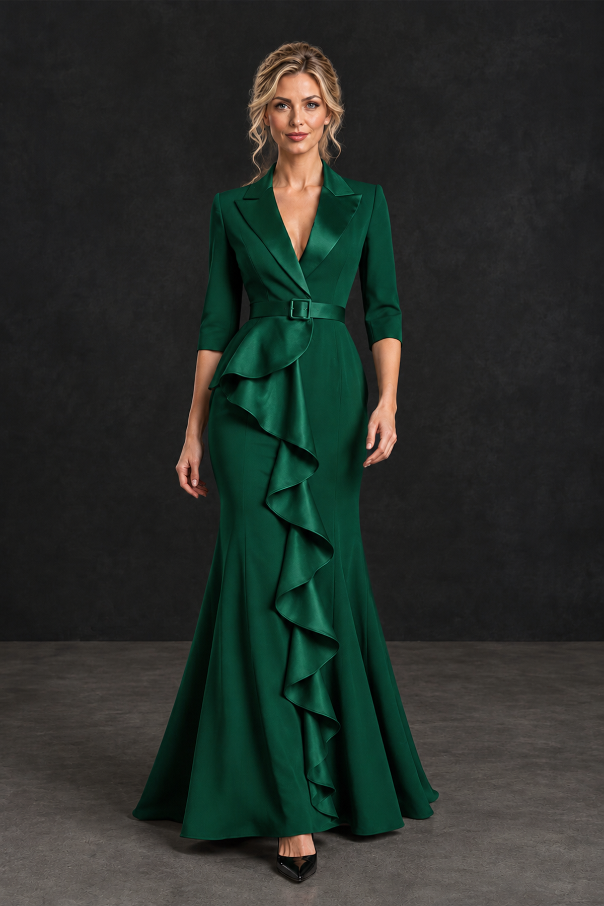 BOLODOO Emerald Green Lapel Ruffle Mother of the Bride Dress with Belt - Emerald Green - Emerald Green_4