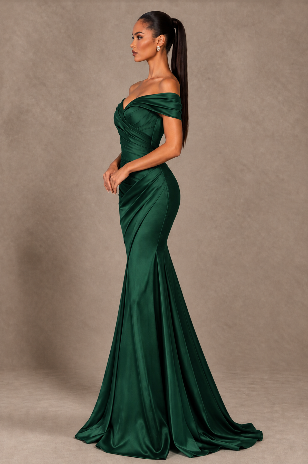 BOLODOO Emerald Green Off-the-Shoulder Ruched Satin Mermaid Evening Dress - Emerald Green - Emerald_Green_4