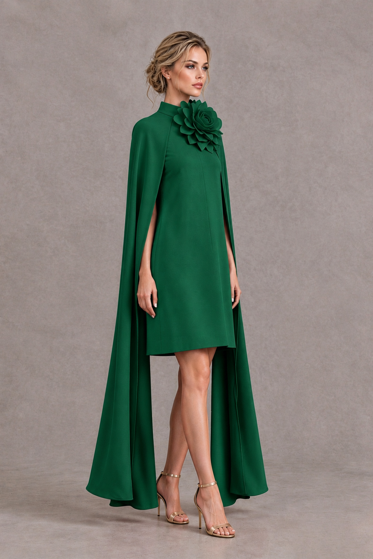 BOLODOO Emerald Green High Neck Floral Cape Mini Cocktail Dress - Emerald Green - Emerald Green_4
