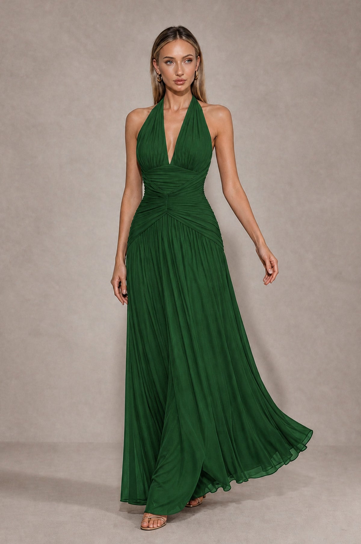 BOLODOO Emerald Green Chiffon Halter Deep V-Neck Ruched A-Line Backless Maxi Dress with Train-BD0167 - Emerald Green - Emerald Green_4