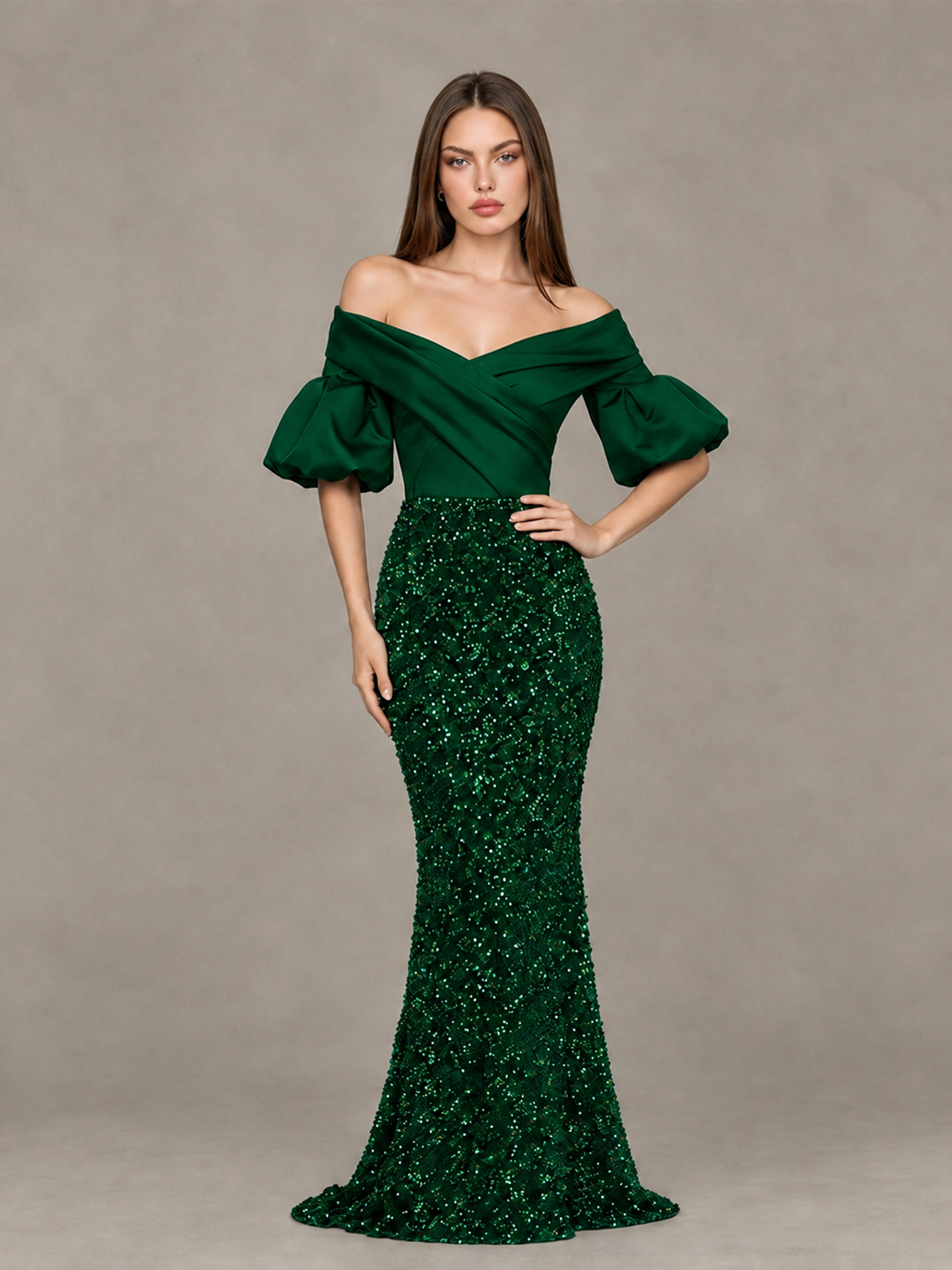 BOLODOO Emerald Green Off-Shoulder Puff Sleeve Sequin Mermaid Evening Dress - Emerald Green - Emerald Green_4