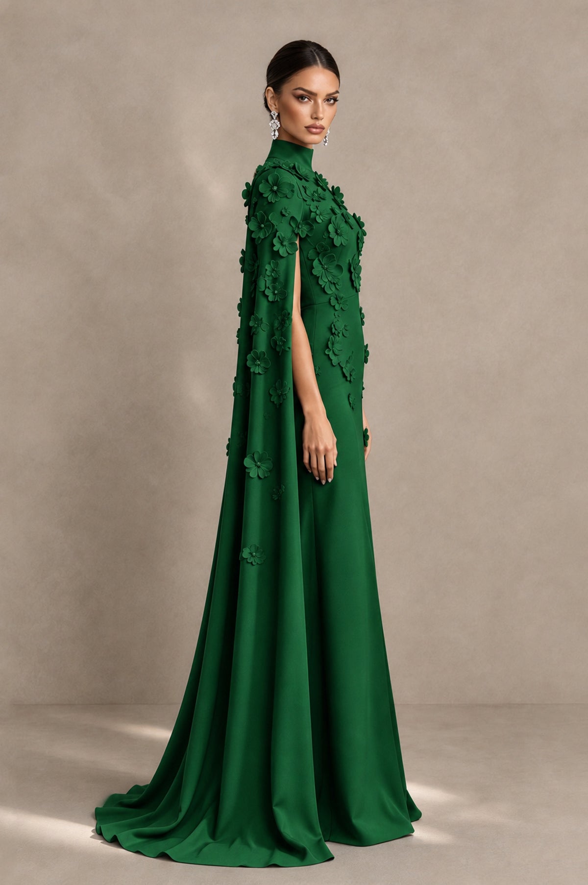 BOLODOO Emerald Green 3D Floral Applique Cape Formal Dress - Emerald Green - Emerald Green_4