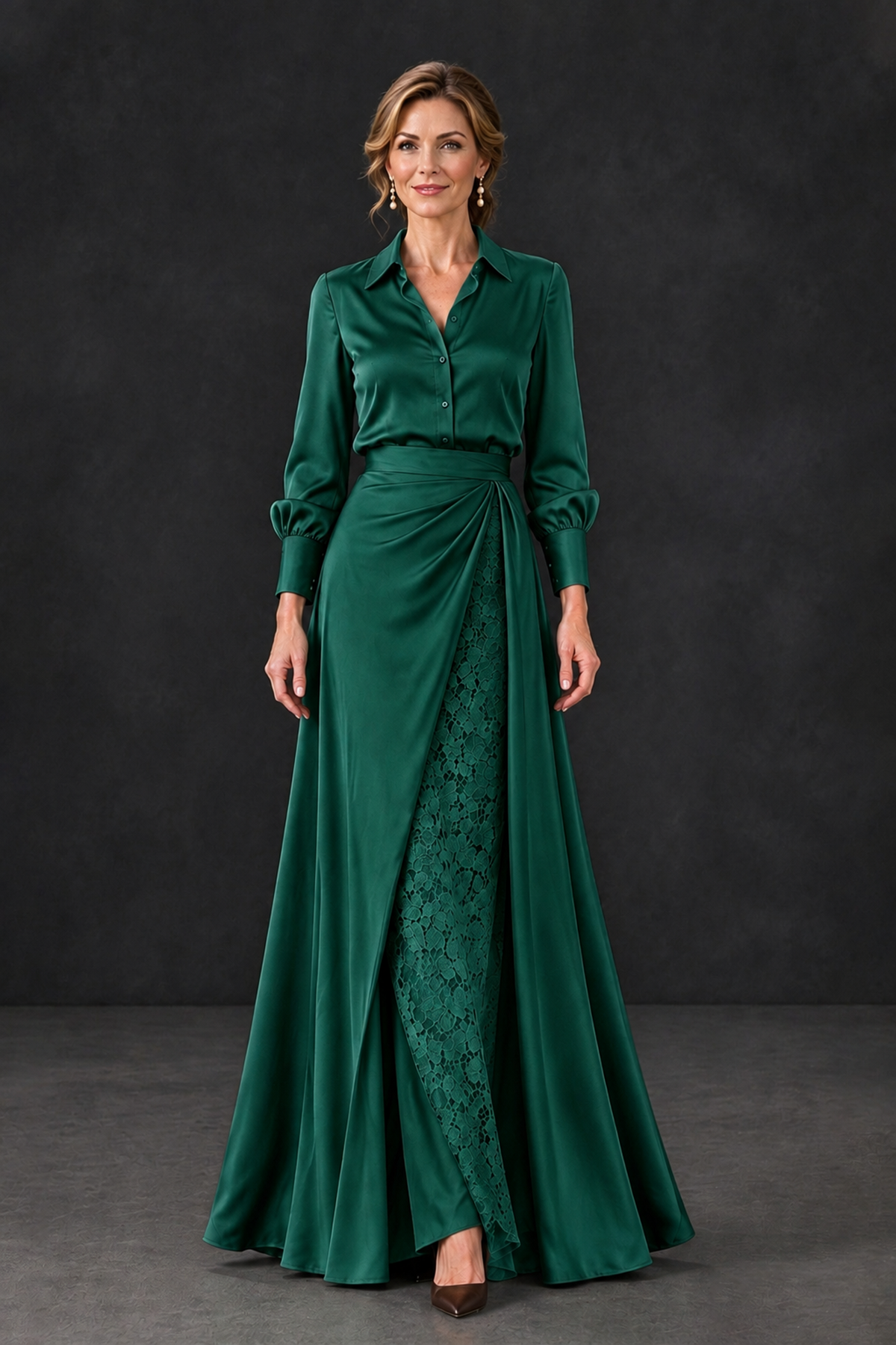 BOLODOO Emerald Green Long Sleeve Satin-Look Lace Panel Gown - Emerald Green - Emerald Green_4