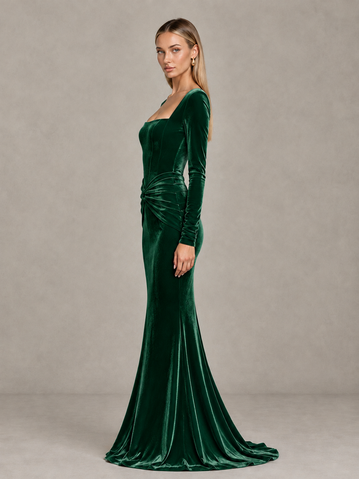 BOLODOO Emerald Green Velvet-Look Square Neck Long Sleeve Mermaid Evening Dress - Emerald Green - Emerald Green_4