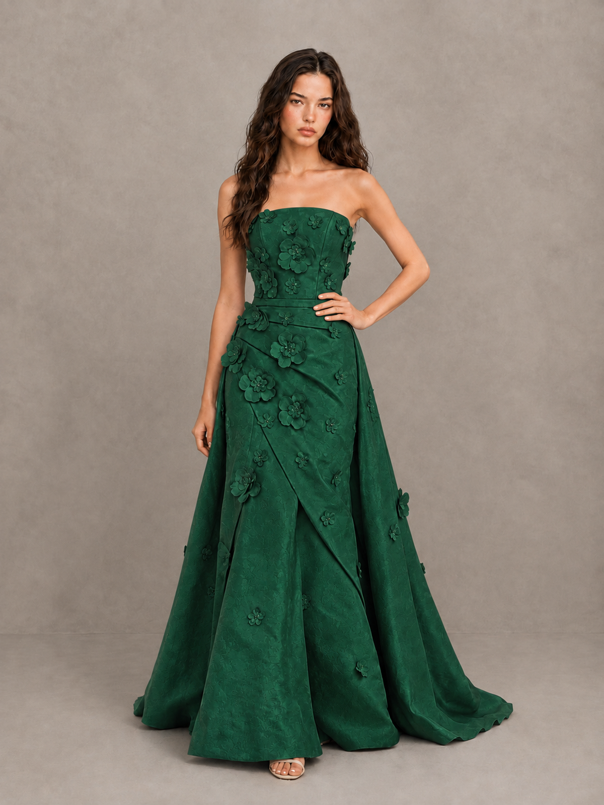 BOLODOO Emerald Green Strapless 3D Floral Applique Prom Gown with Draped Skirt - Emerald Green - Emerald Green(4)