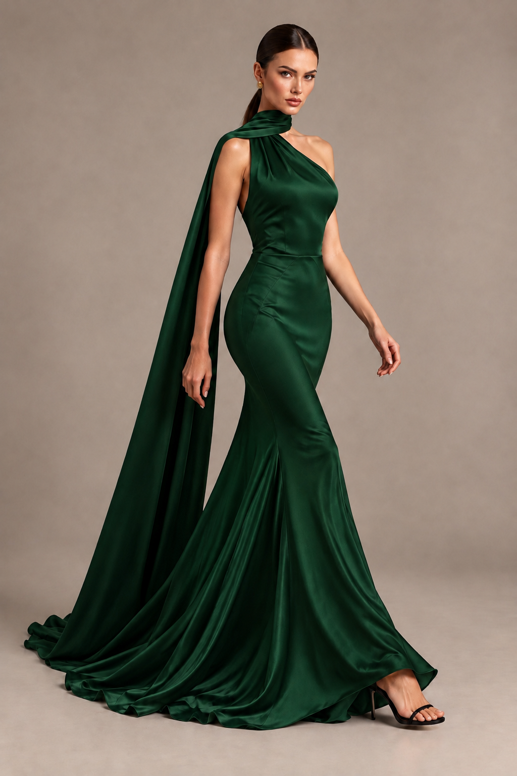 BOLODOO Emerald Green One-Shoulder Satin Mermaid Evening Dress with Scarf - Emerald Green - Emerald Green_4