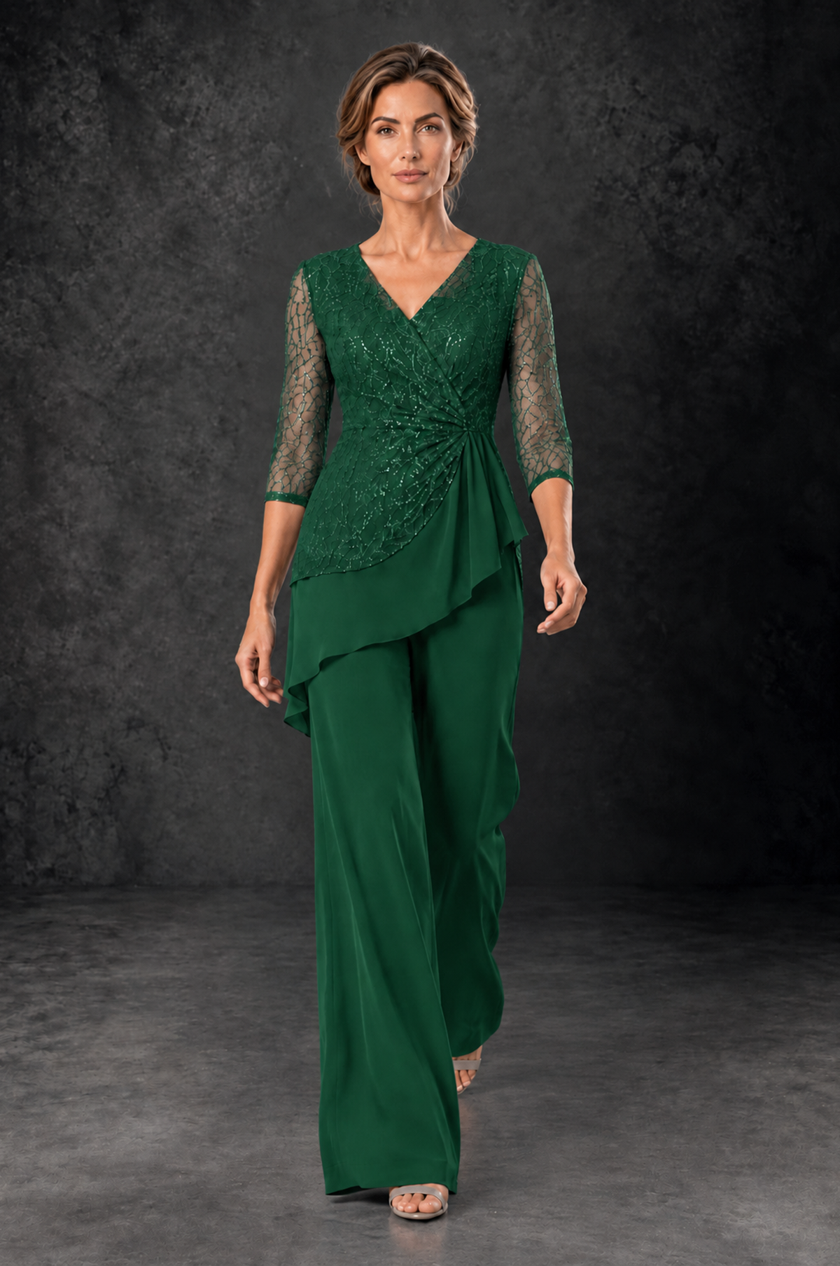 BOLODOO Emerald Green Sequin Lace 3/4 Sleeve Chiffon Mother of the Bride Pant Suit - Emerald Green - Emerald_Green_4