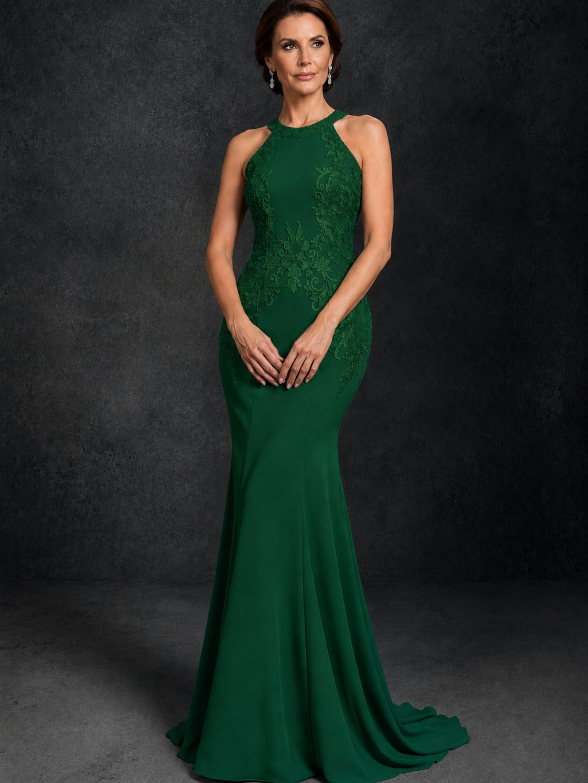 BOLODOO Emerald Green Lace Applique Halter Neck Sheer Back Mermaid Maxi Dress with Sweep Train - Emerald Green
