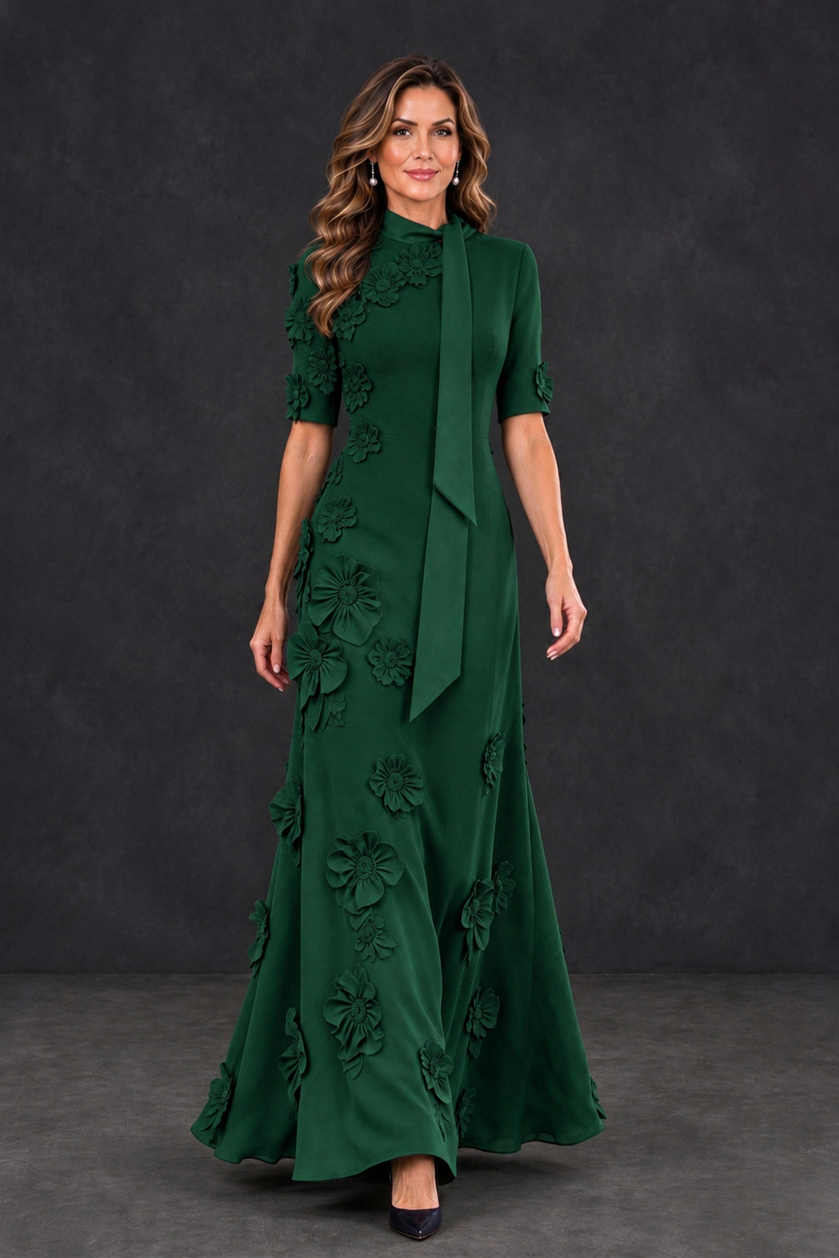 BOLODOO Emerald Green Floral Applique High-Neck Half-Sleeve Gown - Emerald Green - Emerald Green_4