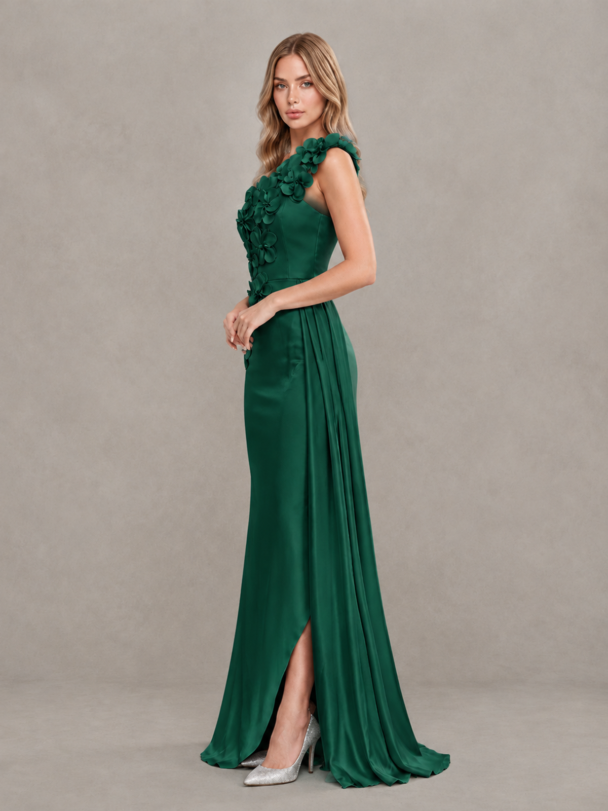 BOLODOO Emerald Green One-Shoulder Satin Mermaid Evening Gown with 3D Floral Appliqué - Emerald Green - Emerald Green_4