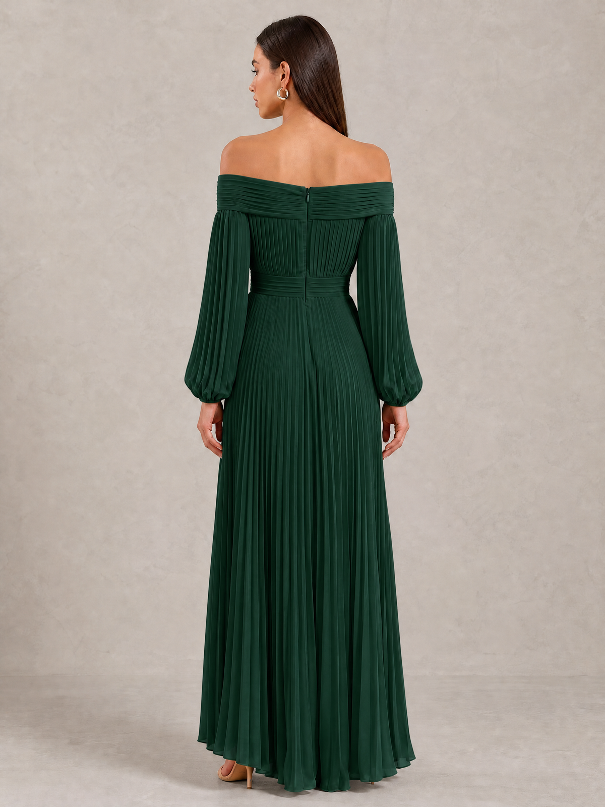 BOLODOO Emerald Green Off-Shoulder Long Sleeve Pleated High-Low Dress - Emerald Green - Emerald_Green_4