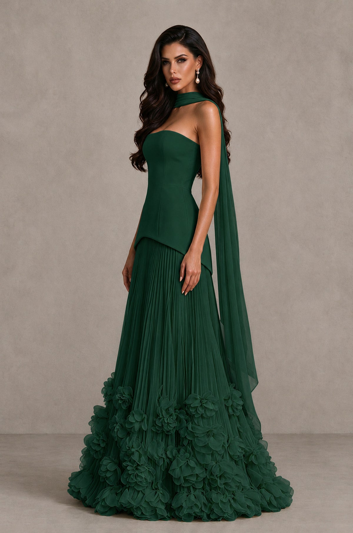 BOLODOO Emerald Green Strapless Pleated Floral Hem Evening Gown - Emerald Green - Emerald Green_4