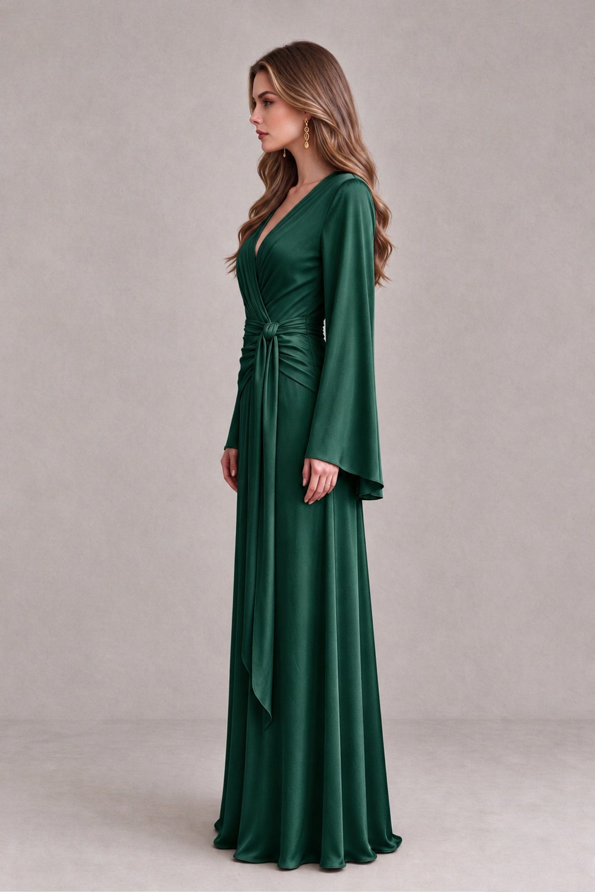 BOLODOO Emerald Green Yellow Satin-Look V-Neck Long Bell Sleeve Evening Dress - Emerald Green - Emerald_Green_4
