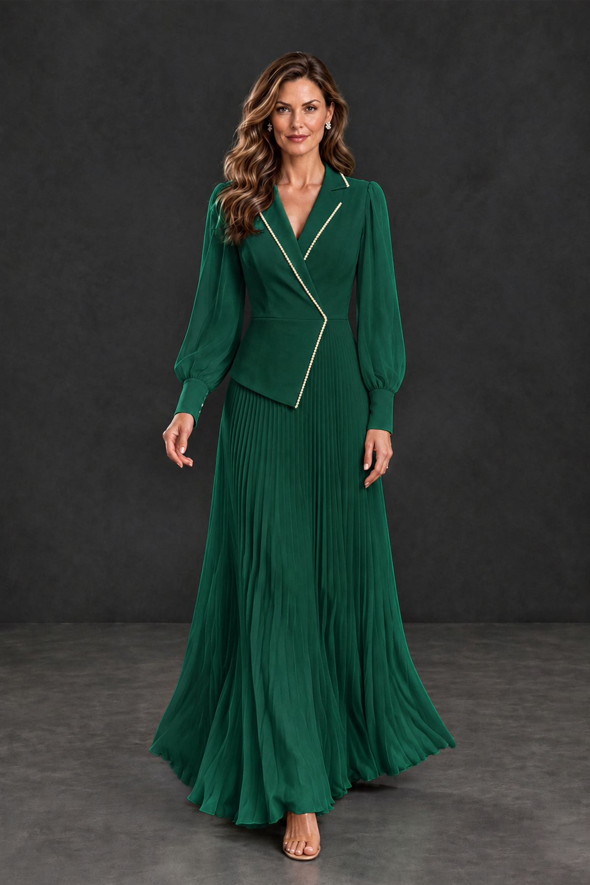 BOLODOO Emerald Green Long Sleeve Pleated Mother of the Bride Dress - Emerald Green - Emerald Green_4