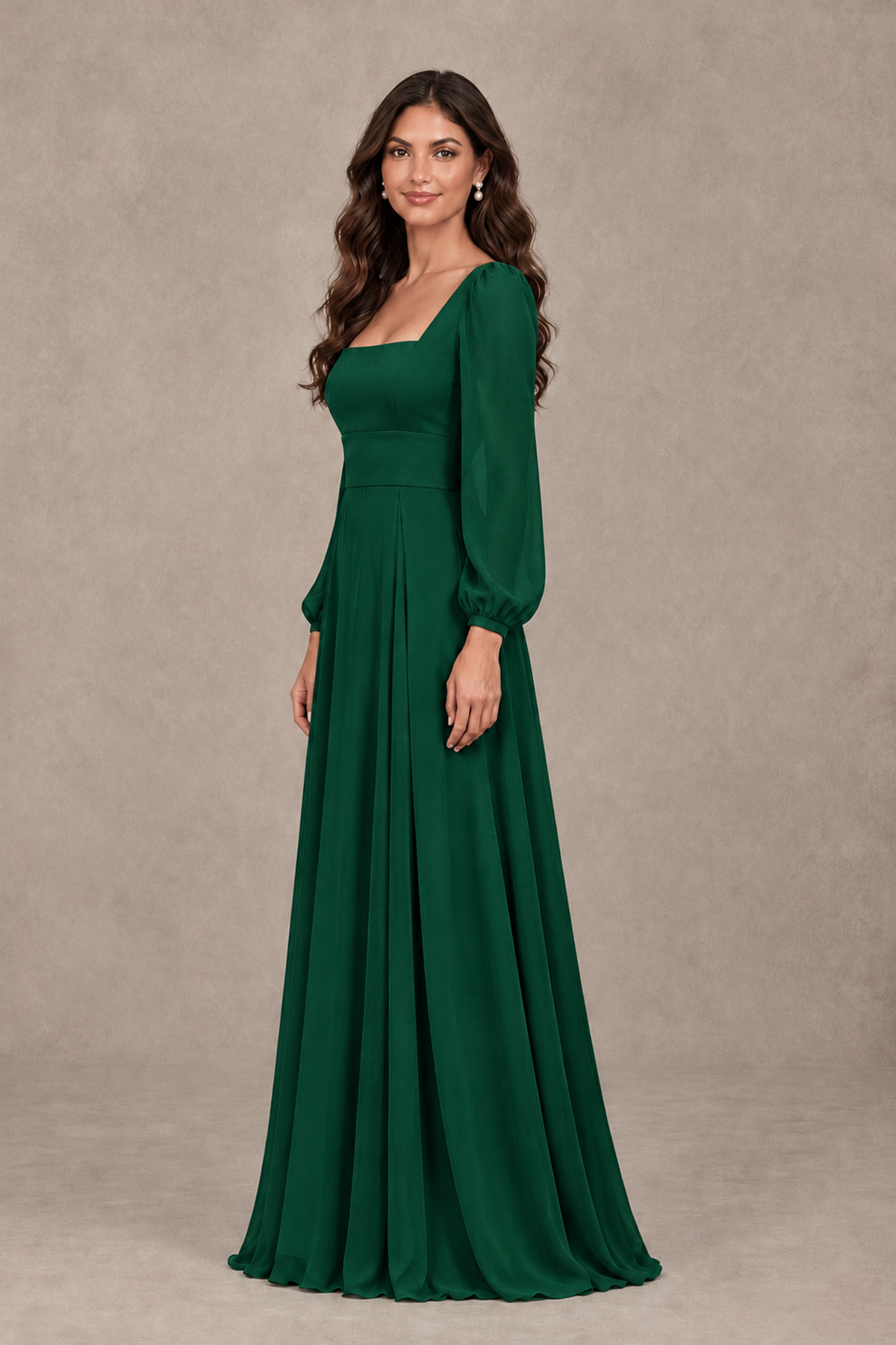 BOLODOO Emerald Green Square Neck Long Sleeve A-Line Bridesmaid Dress - Emerald Green - Emerald Green_4