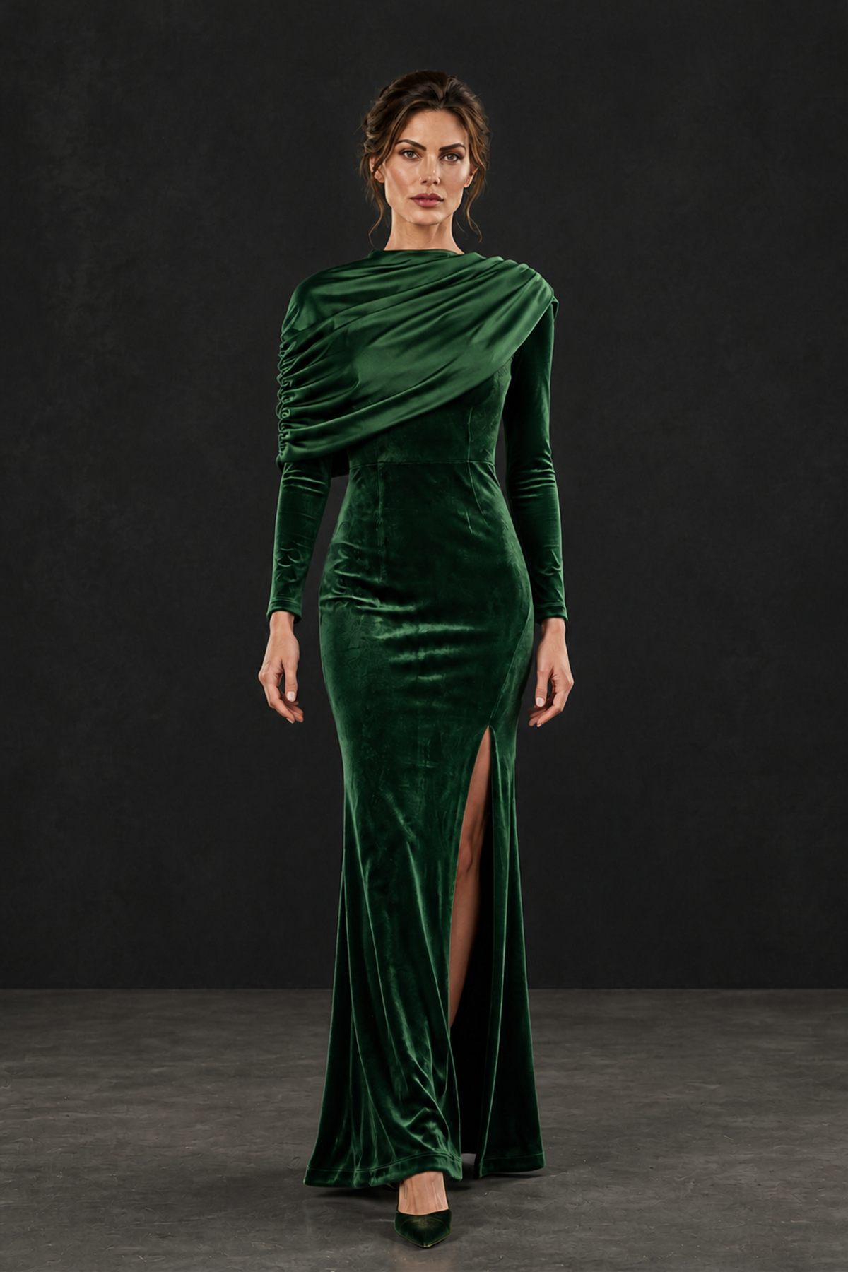 BOLODOO Emerald Green Velvet Long Sleeve Draped Mother of the Bride Dress - Emerald Green - Emerald_Green_4