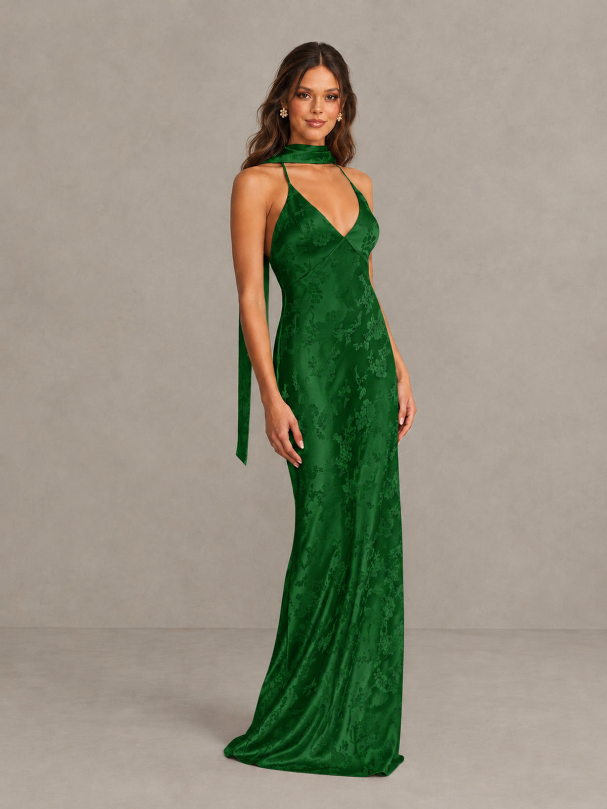 BOLODOO Emerald Green Floral Satin Open-Back Bridesmaid Dress - Emerald Green - Emerald Green_4