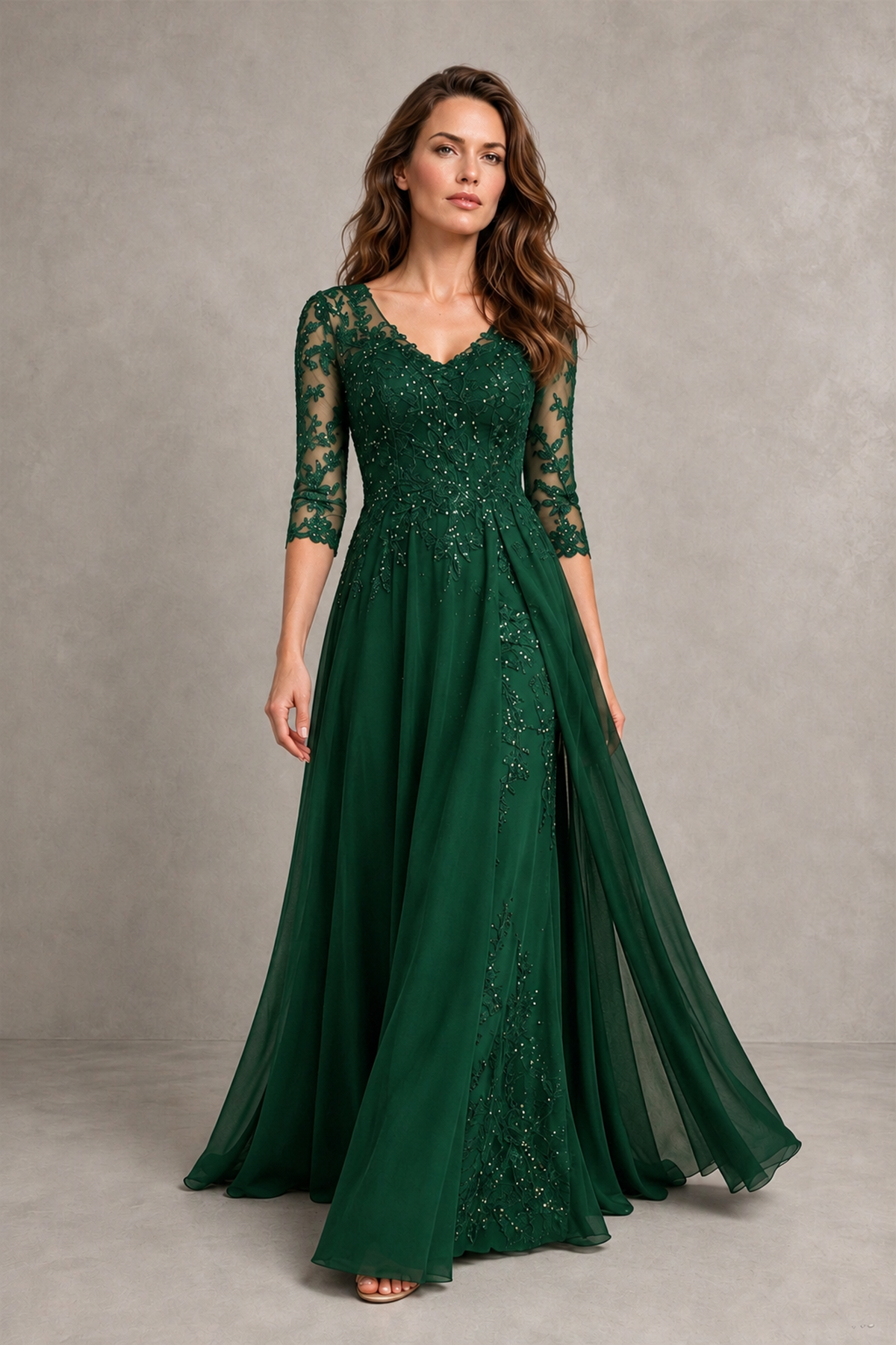 BOLODOO Midnight Emerald Green Beaded Lace Appliqué Chiffon A-Line Gown | Mother of the Bride & Formal Evening Dress - Emerald Green - Emerald Green_4