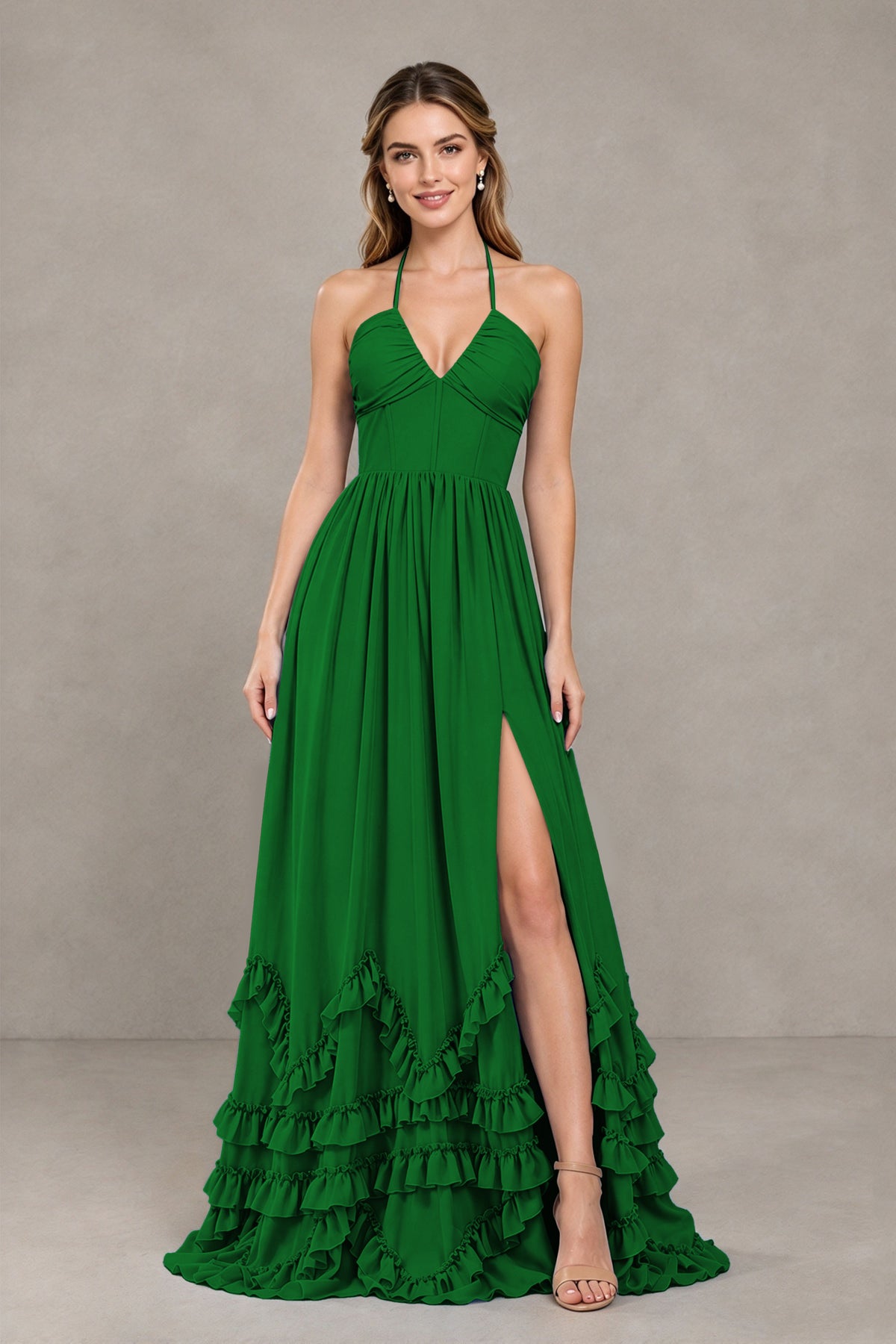 BOLODOO Emerald Green Halter Ruffle Hem A-Line Bridesmaid Dress with High Slit - Emerald Green - Emerald Green(4)