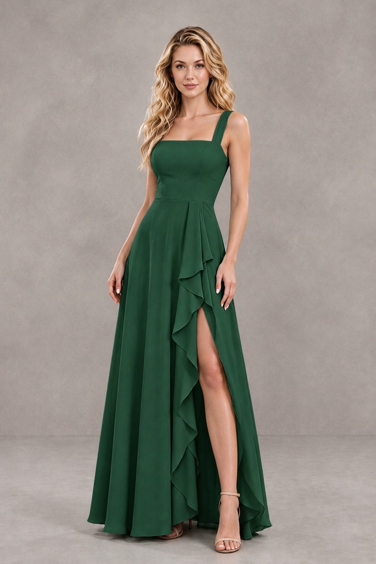 BOLODOO Emerald Green Square Neck Ruffle A-Line Bridesmaid Dress with Slit - Emerald Green - Emerald Green_4