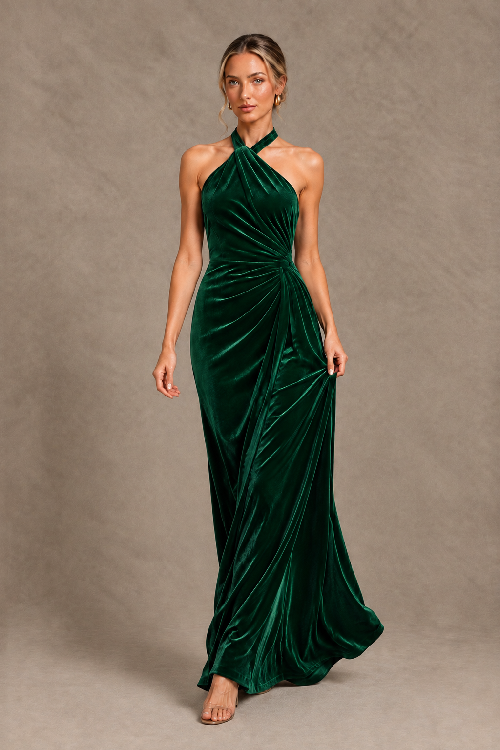 BOLODOO Emerald Green Velvet Halter Open-Back Ruched Evening Dress - Emerald Green - Emerald Green_4