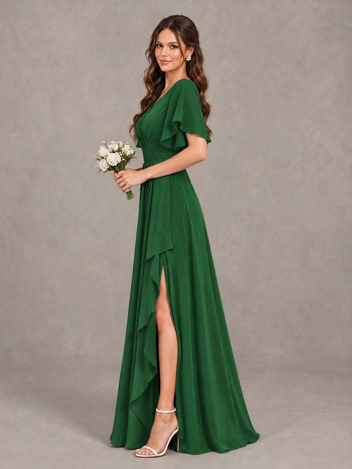BOLODOO Emerald Green Flutter Sleeve V-Neck Bridesmaid Dress with Ruffle Slit - Emerald Green - Emerald Green_4