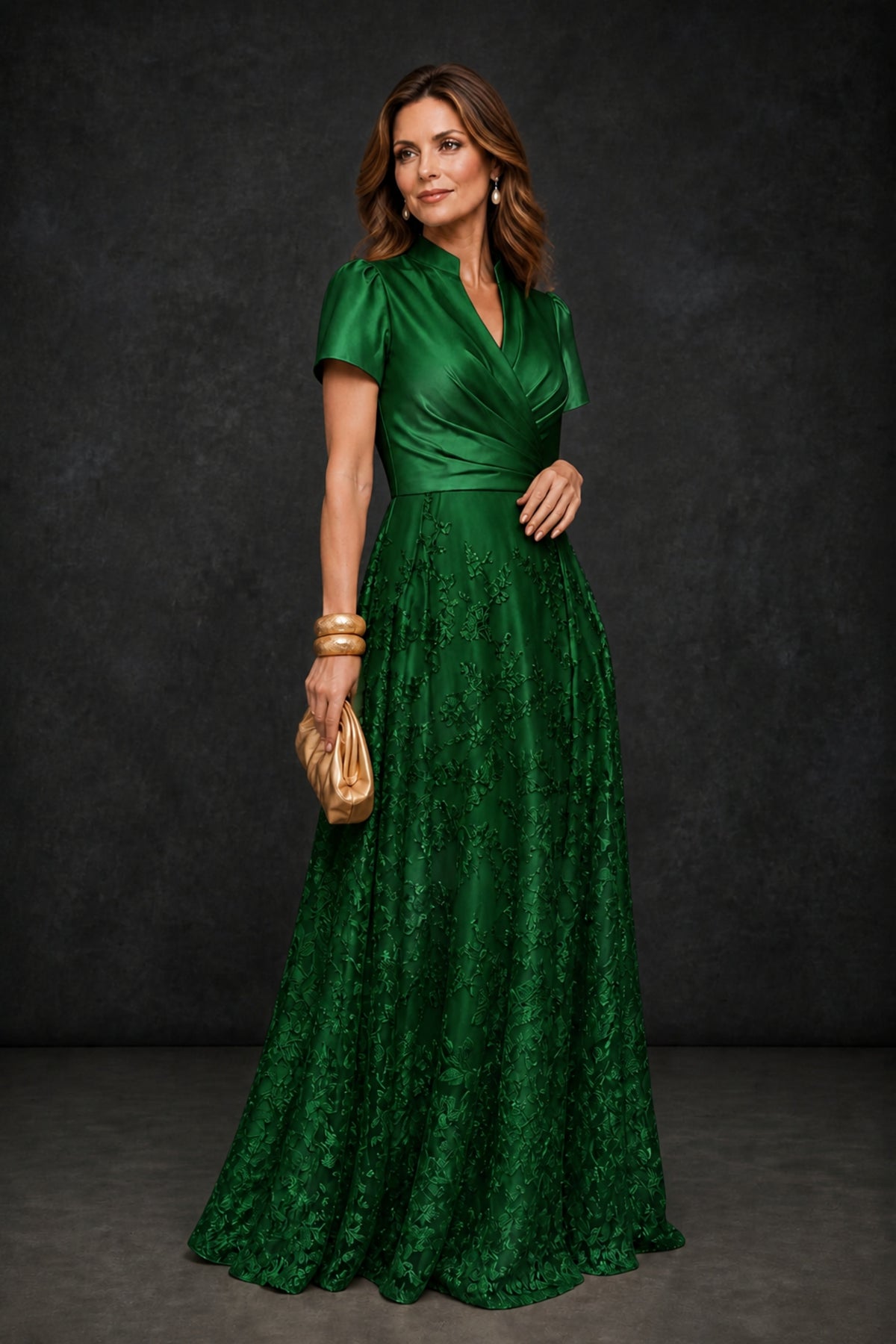 BOLODOO Emerald Green Satin Wrap V-Neck Short Sleeve Lace Glitter A-Line Floor Length Evening Gown – Formal Dress - Emerald Green