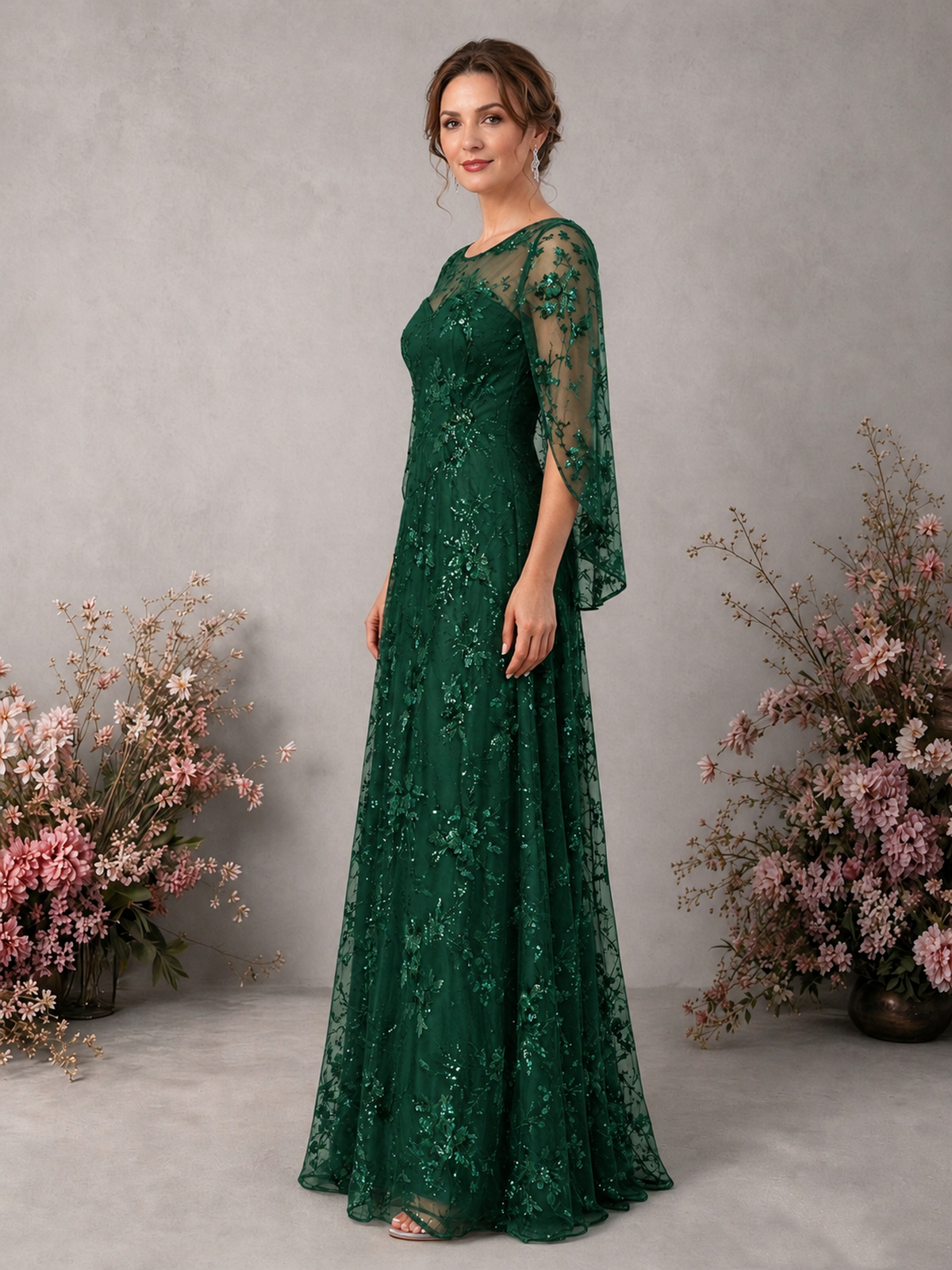 BOLODOO Emerald Green Sequin Lace Cape Sleeve Formal Evening Gown - Emerald Green - Emerald Green_4