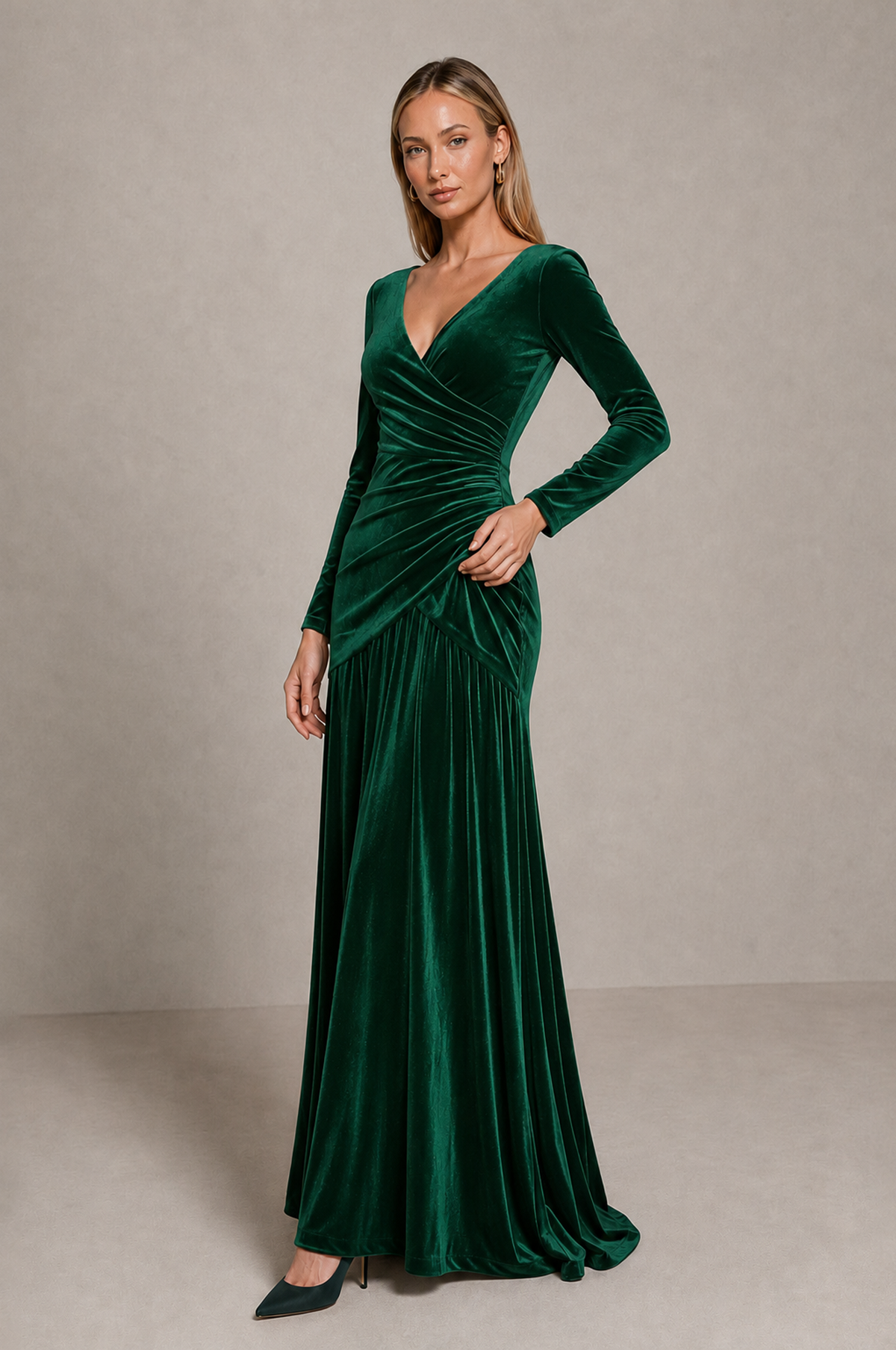 BOLODOO Emerald Green Velvet Long Sleeve V-Neck Ruched Evening Dress - Emerald Green - Emerald_Green_4