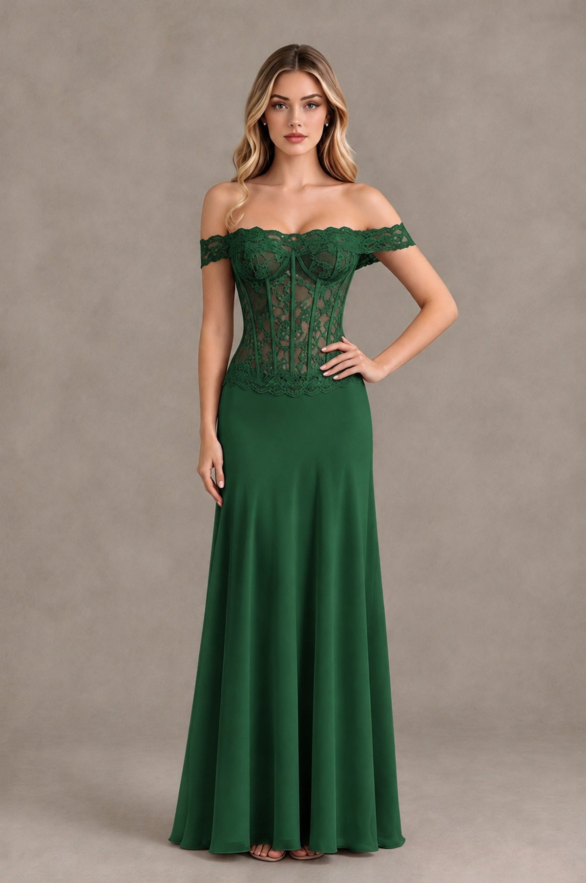BOLODOO Emerald Green Off Shoulder Lace Corset Wedding Guest Dress - Emerald Green - Emerald Green_4